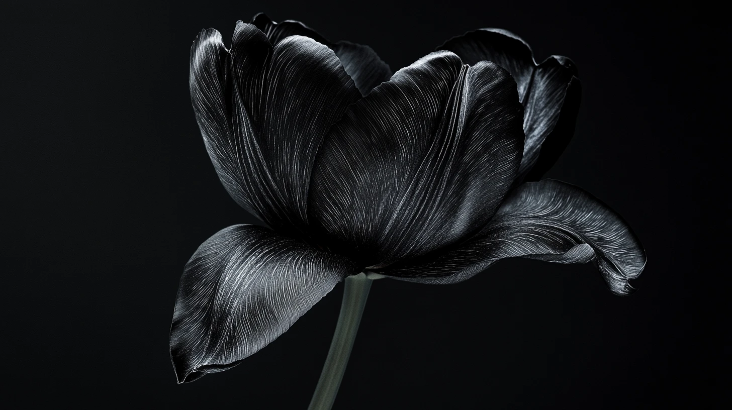 Tulipano nero che emerge dall’oscurità in una scena botanica surreale