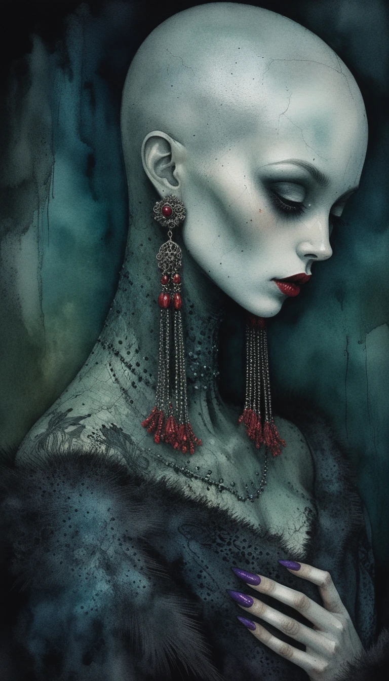 Surreal porcelain woman with elongated neck in dark profile
