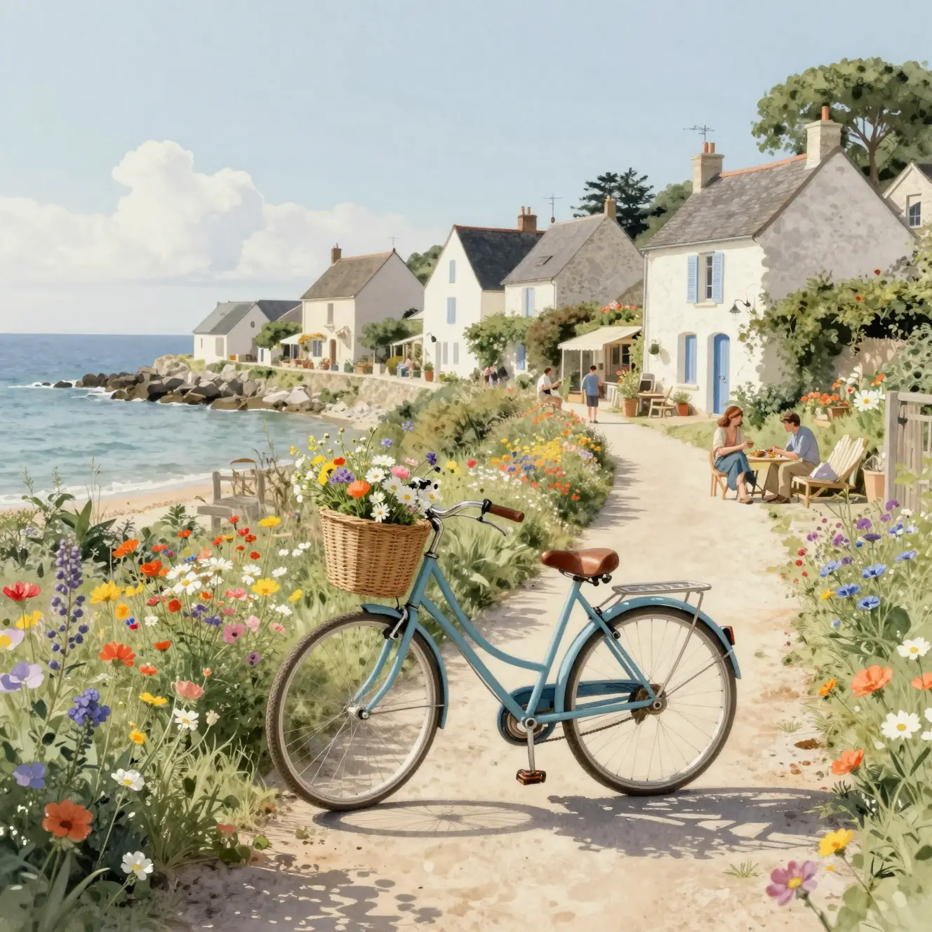 水彩画の自転車と花があるフランスの海辺の村
