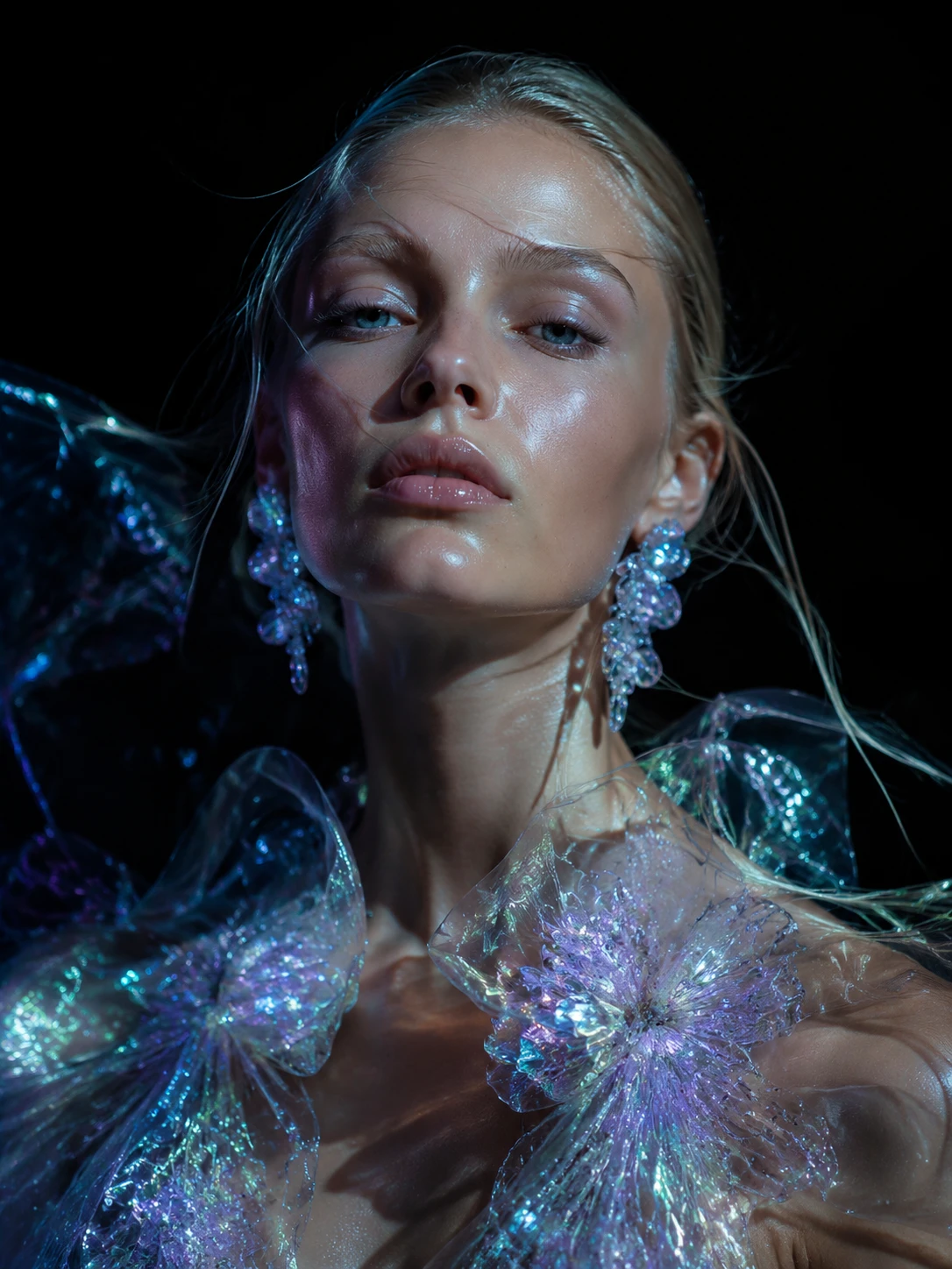 Blonde fashion model in dramatic chiaroscuro studio portrait