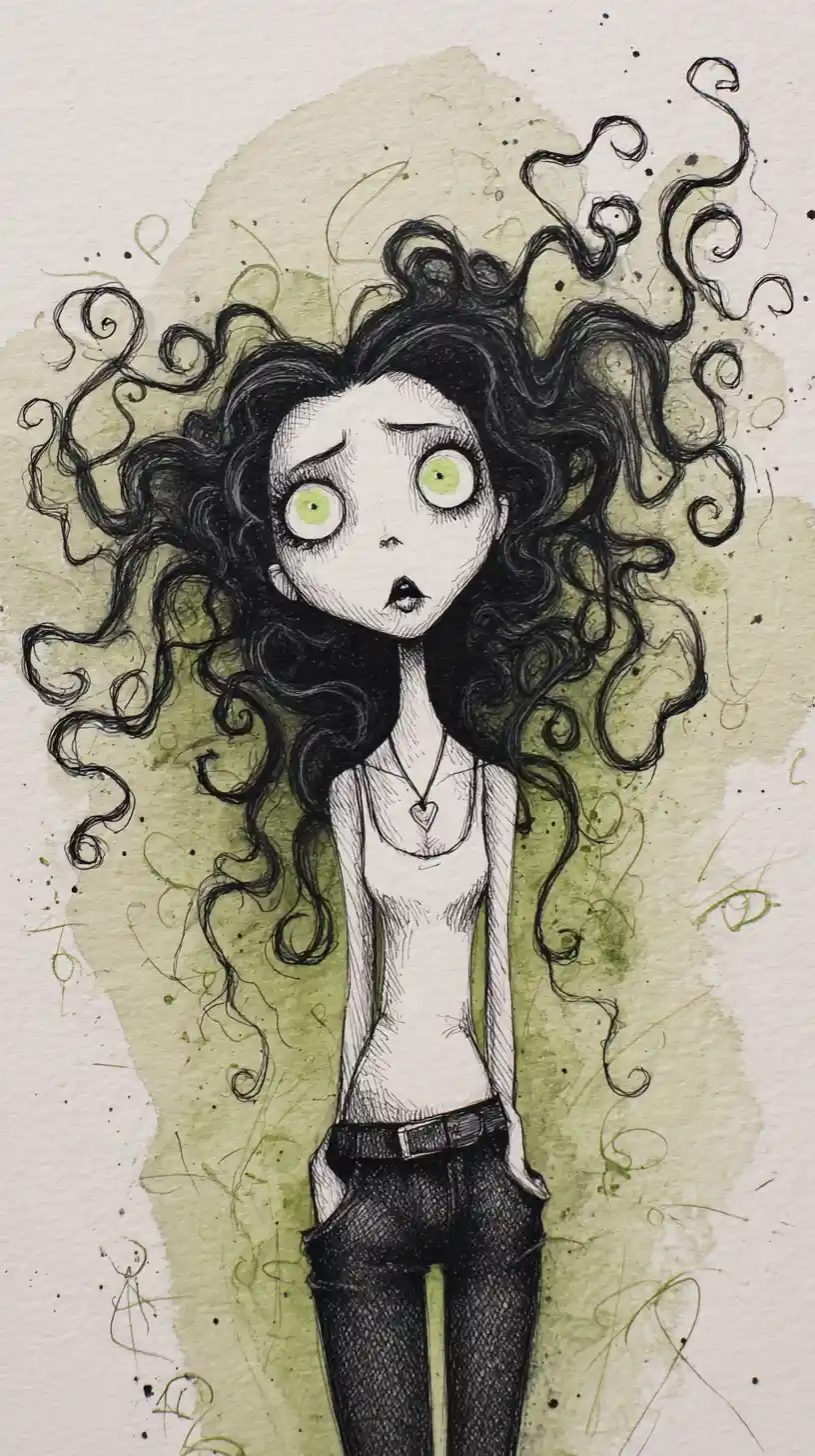 Retrato gótico de corpo inteiro de uma mulher pálida com cabelo selvagem