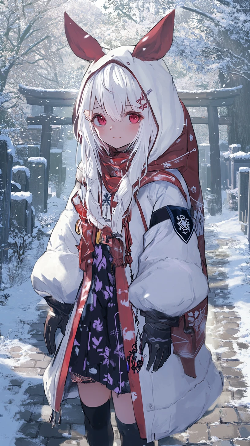 Chica de anime con largo abrigo blanco caminando por un pueblo nevado