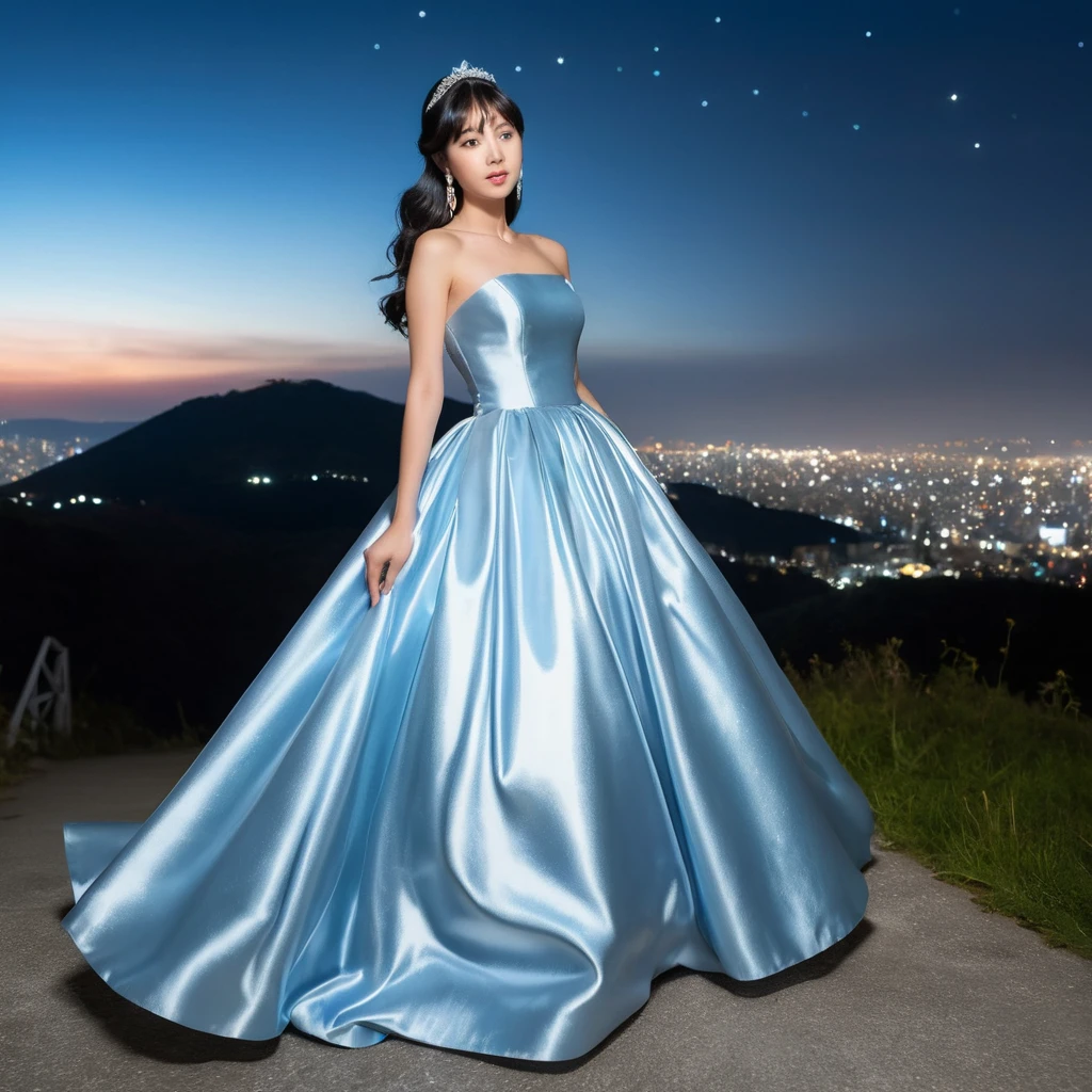 Elegant Japanese girl in blue satin gown at night