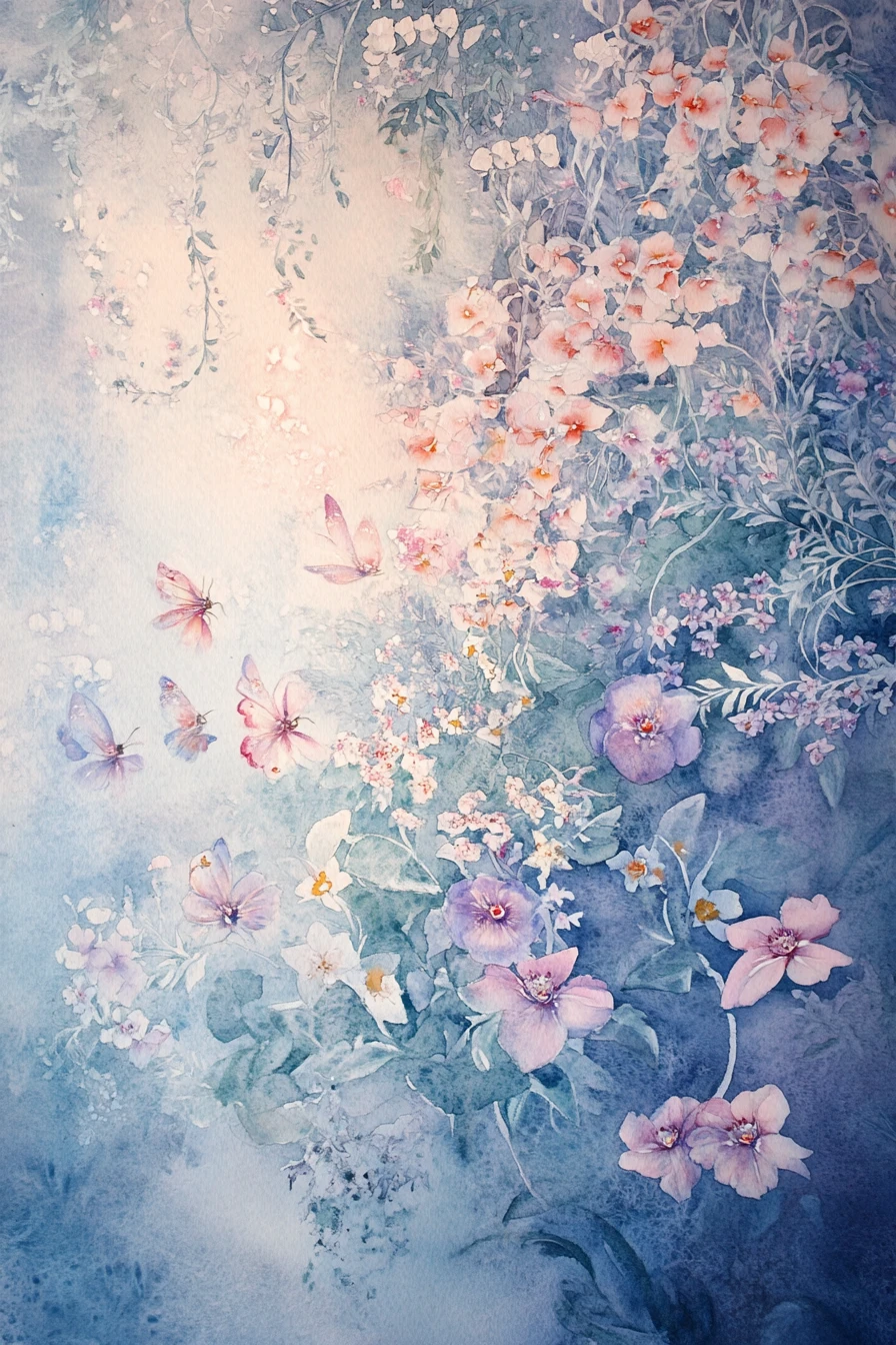 Dreamlike watercolor fairies in a glowing mystical garden