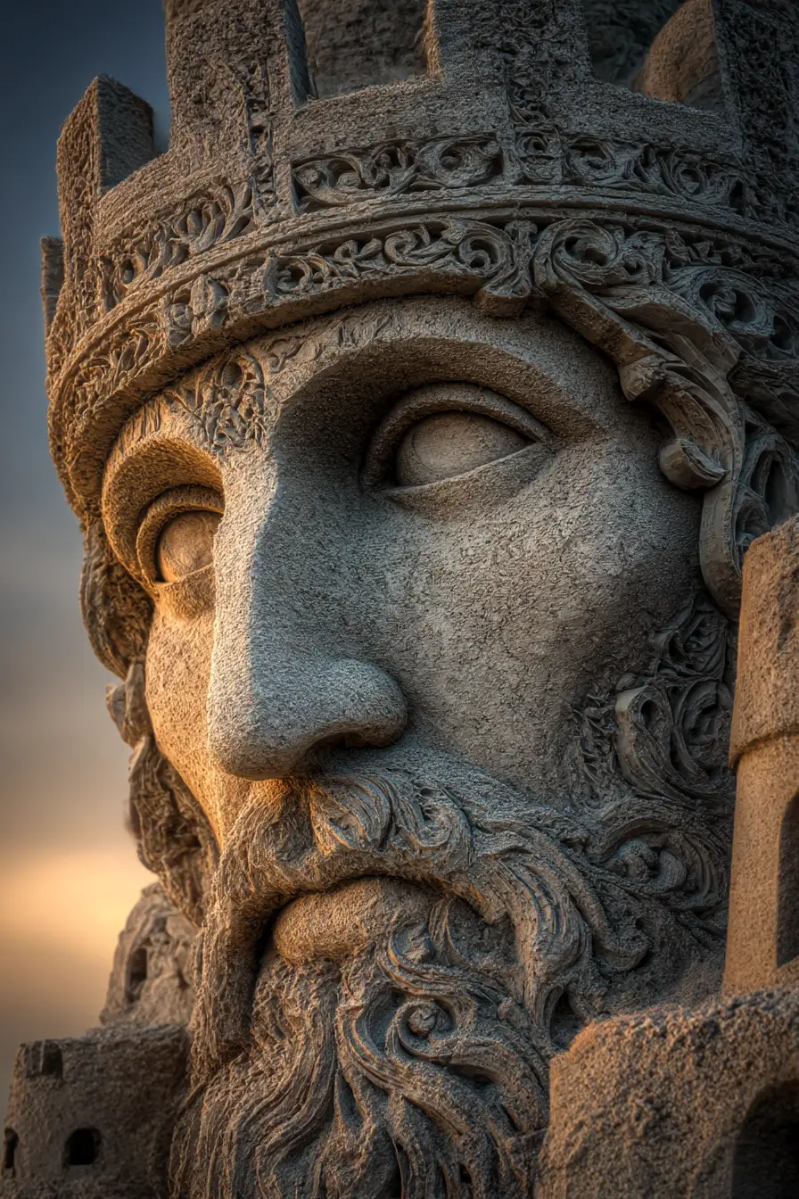 Retrato de castelo de areia gótico na praia ao pôr do sol