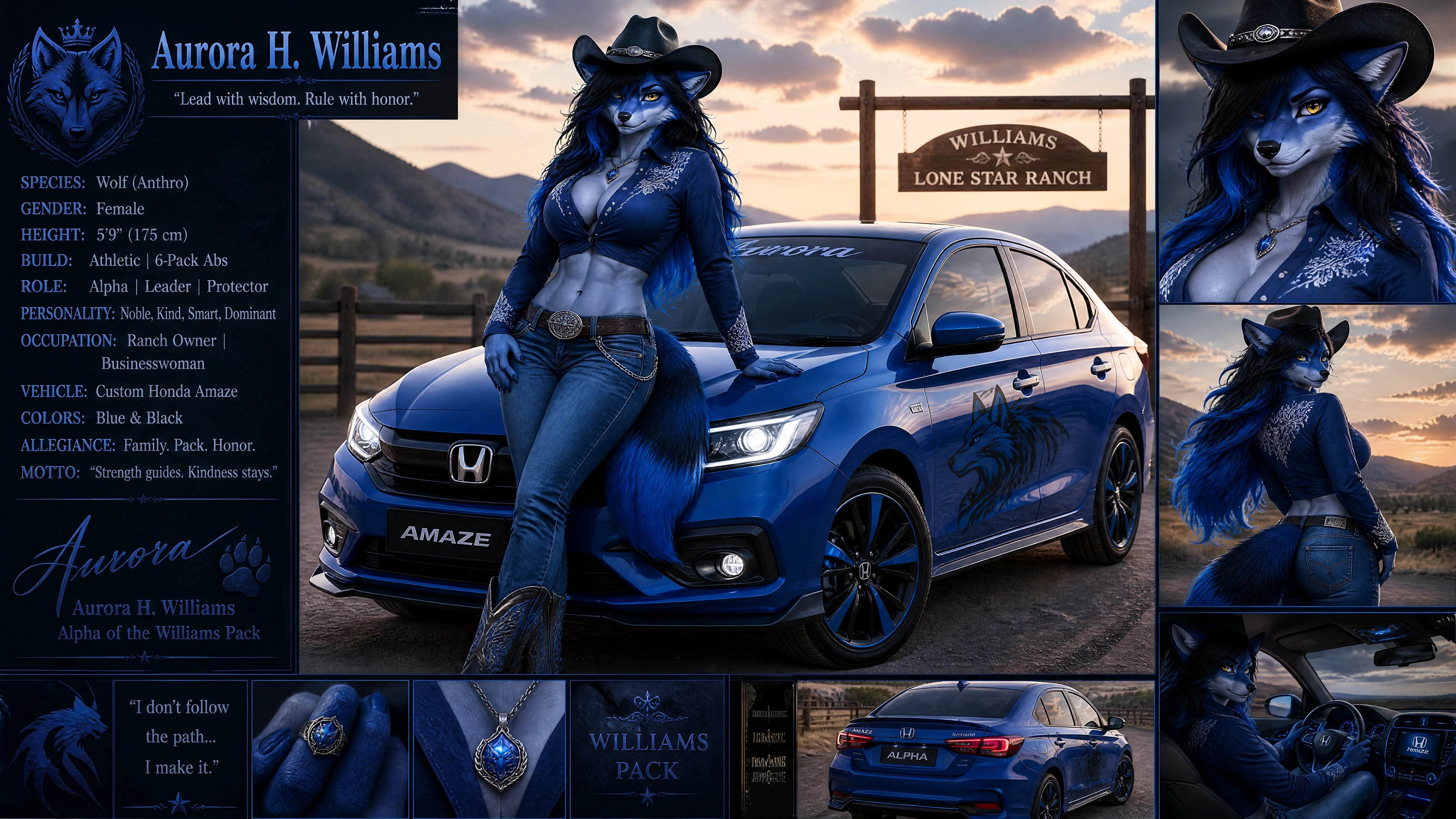 Lupa antropomorfa dal pelo blu cowgirl appoggiata con calma sicurezza