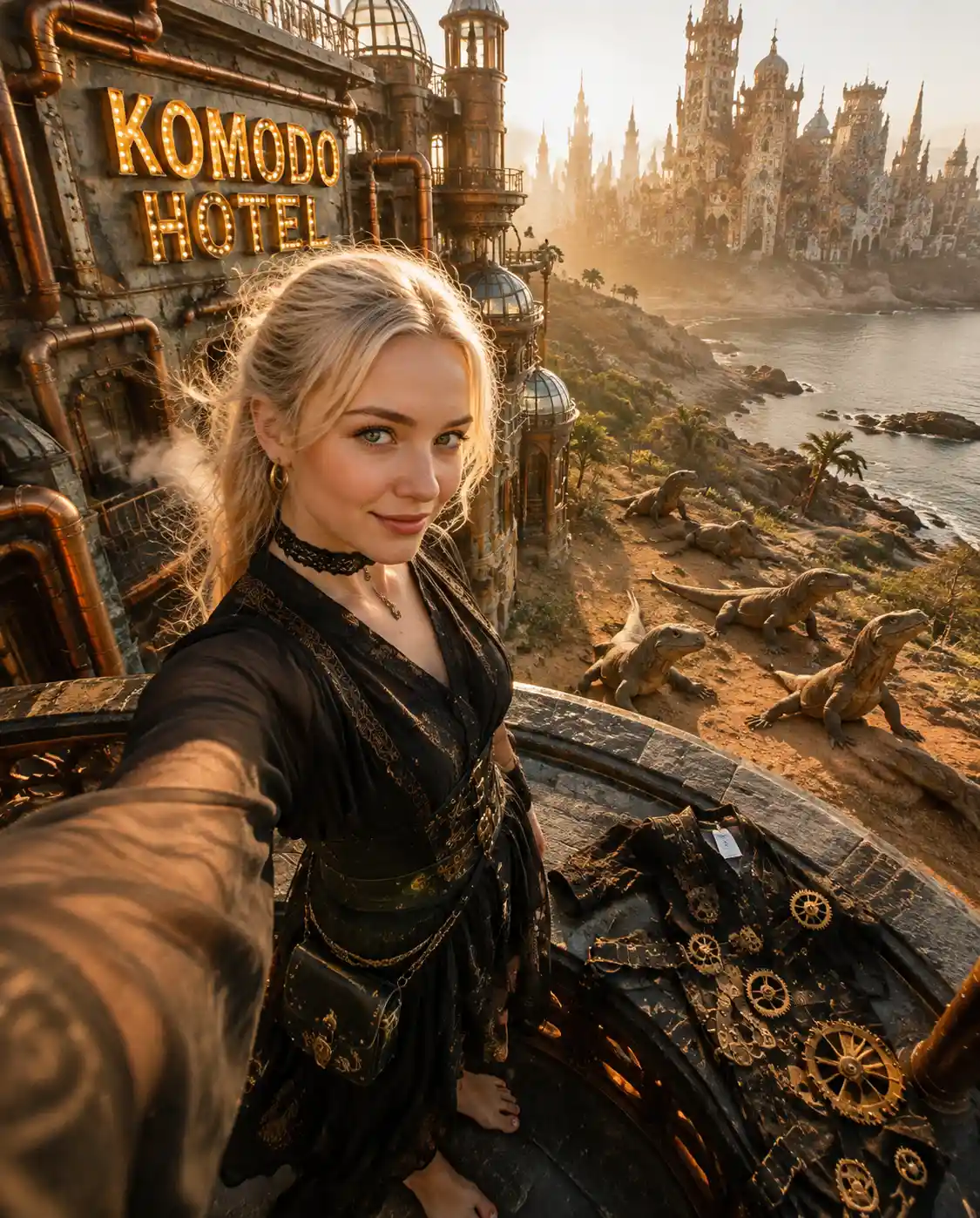 Selfie de princesa ao nascer do sol em uma varanda sobre a costa de Komodo