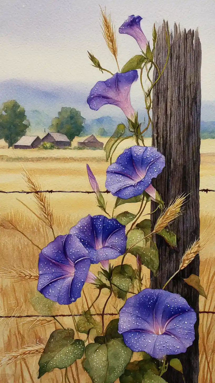 Flores de manhã em aquarela ao lado de um campo de trigo dourado