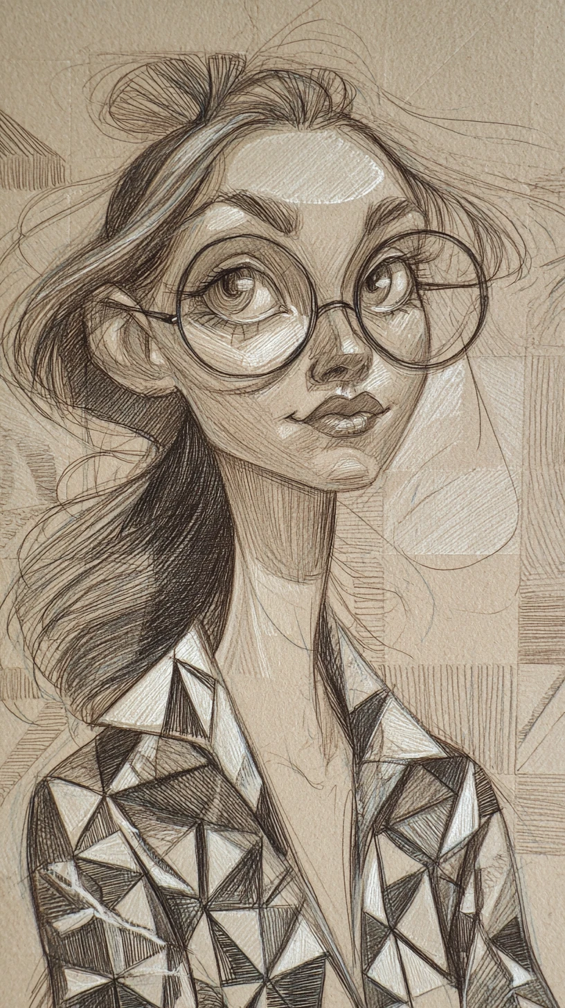 Retrato estilizado en grafito de una chica con grandes gafas redondas