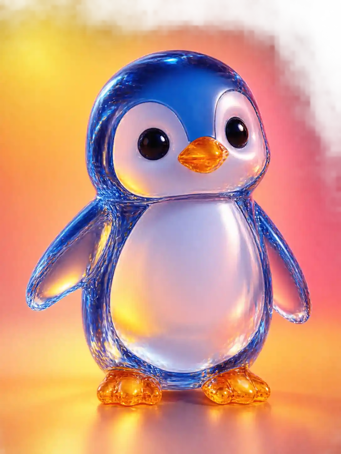 Pinguim transparente fofo em render 3D com fundo em degradê quente