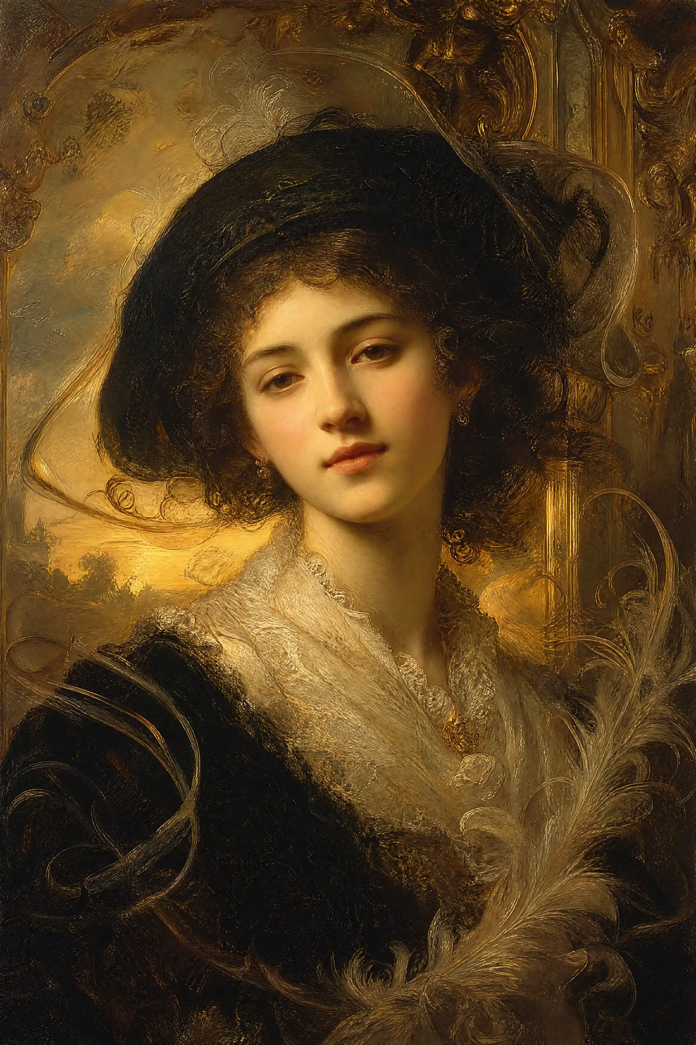 Retrato em estilo barroco de uma mulher misteriosa em luz dourada