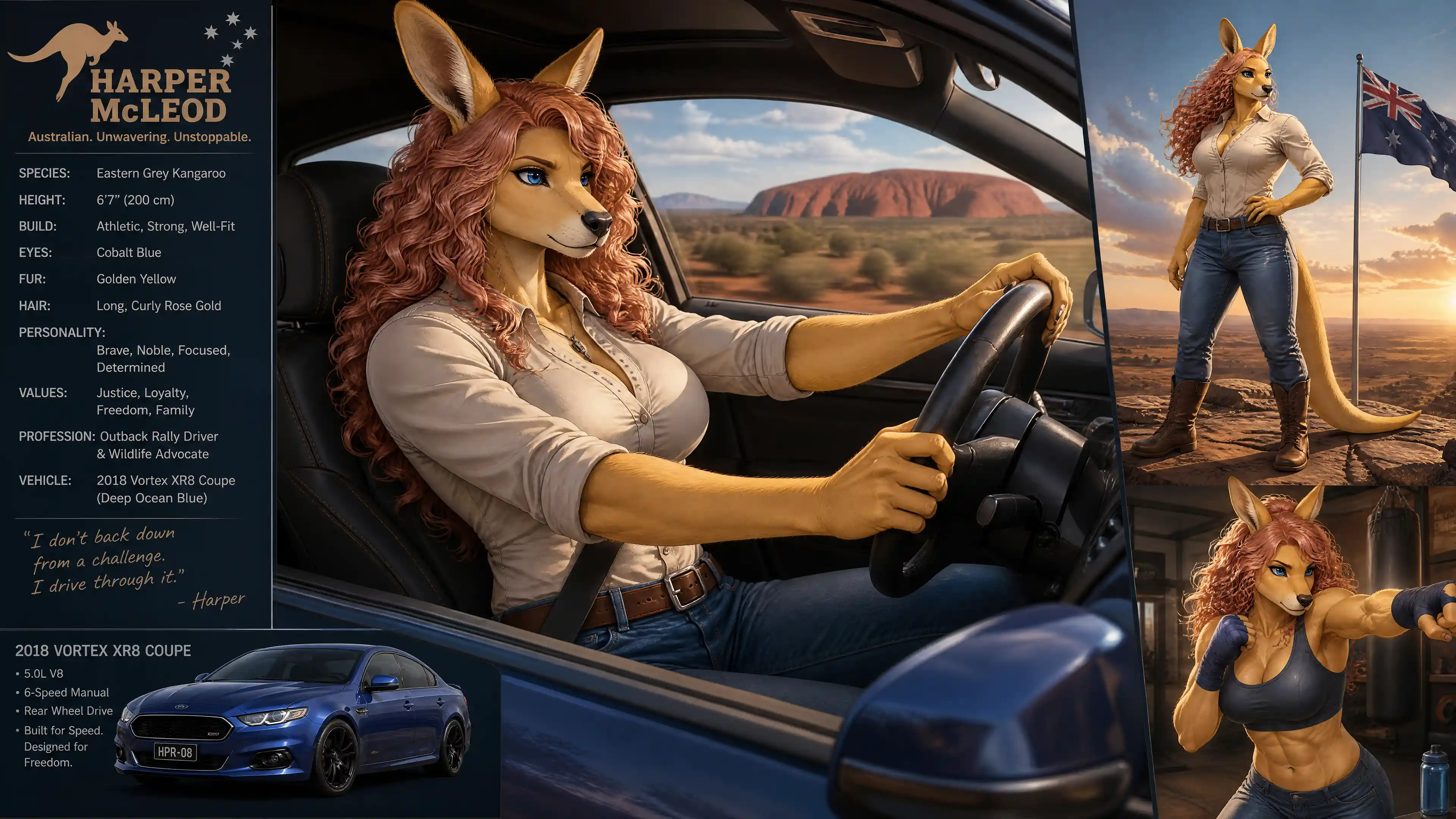 Anthro kangaroo woman driving a modern coupe car