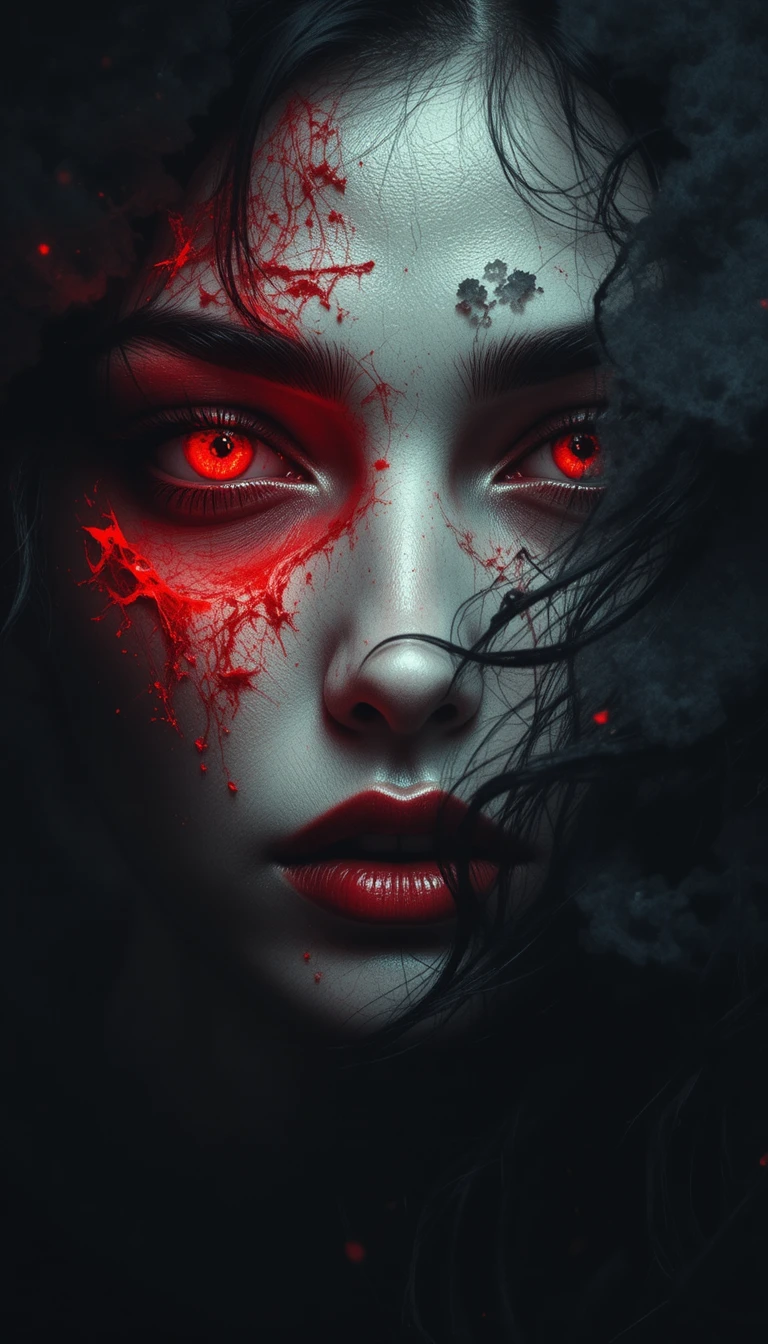 Mujer misteriosa en primer plano con ojos rojos brillantes