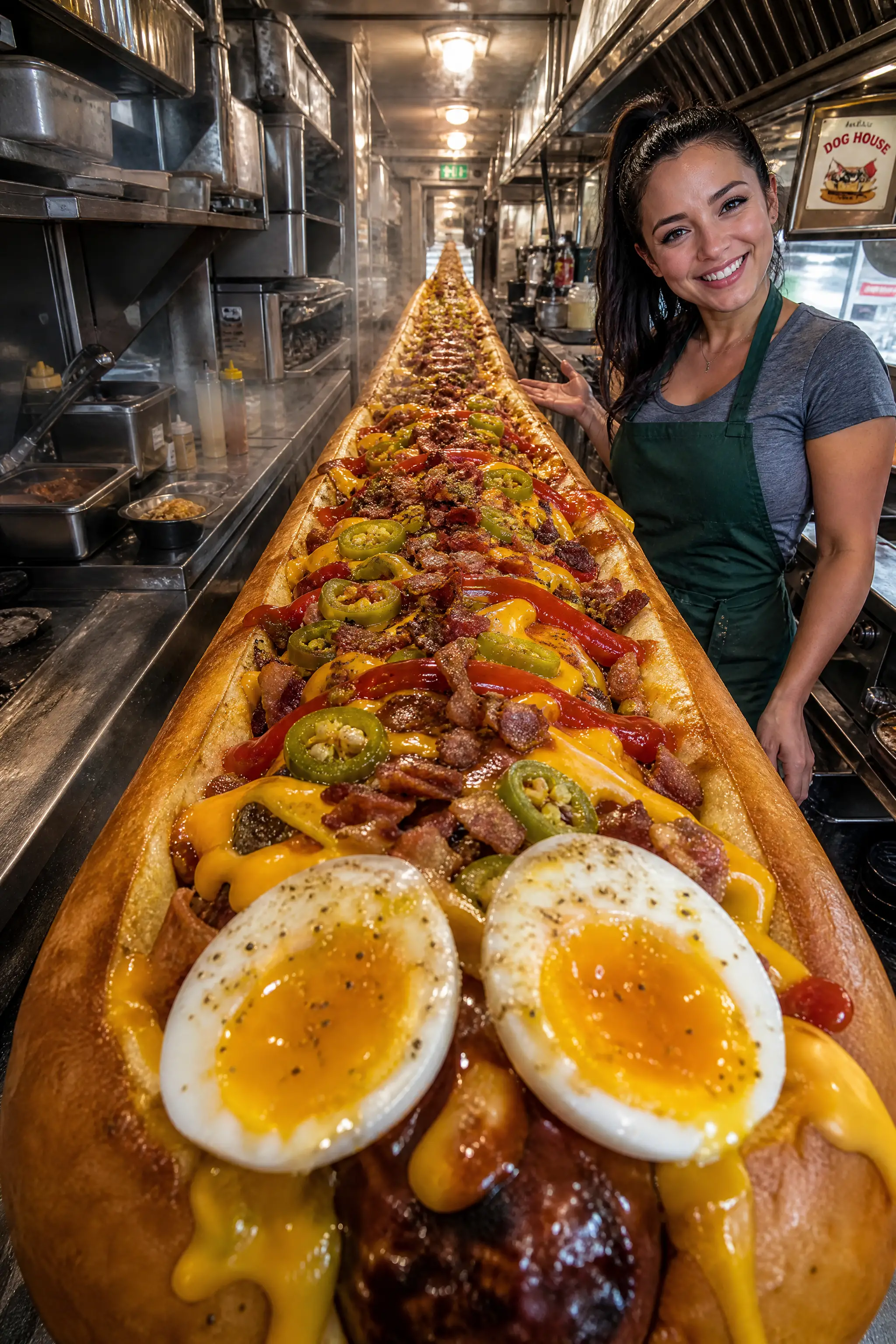 Cachorro-quente gourmet gigante em uma cozinha de food truck retrô