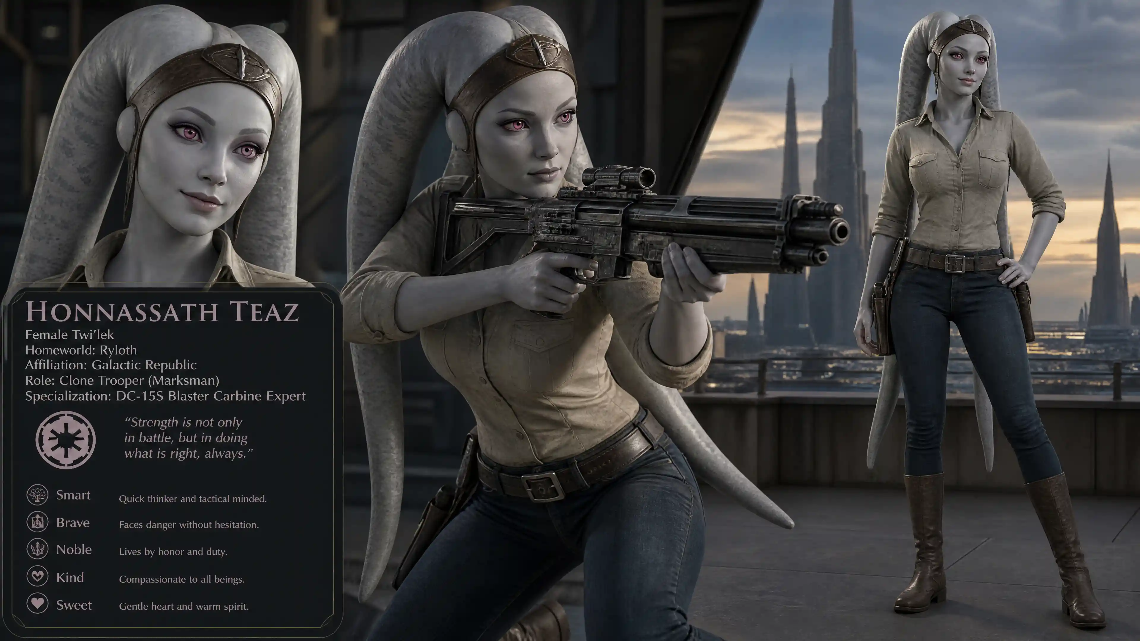 Brave female alien warrior with blaster carbine