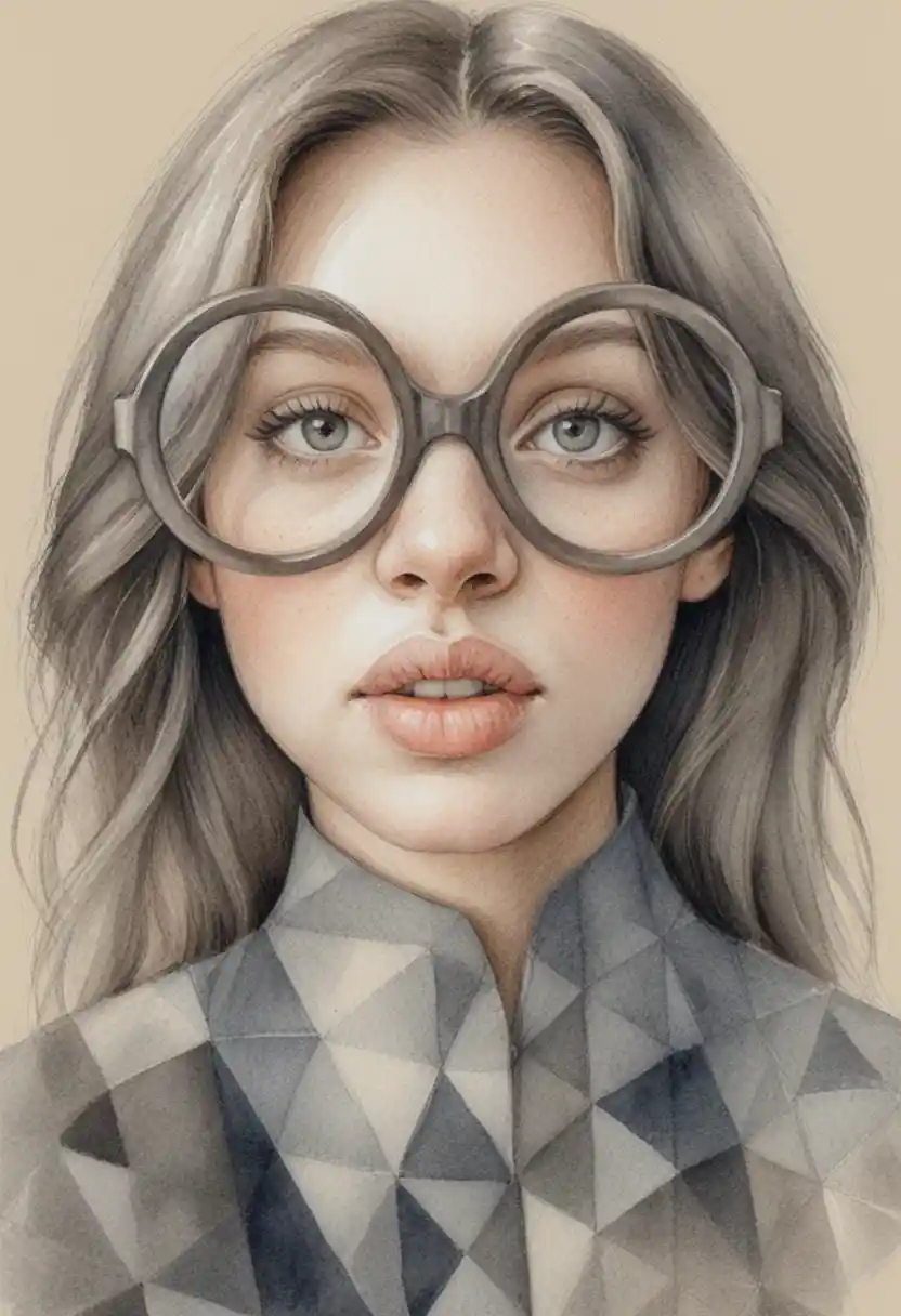 Stylized graphite portrait of a young woman with large glasses