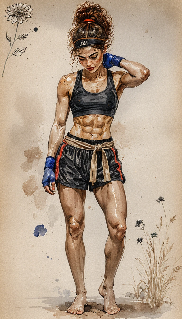 Mujer atlética con vendas de boxeo en ilustración a tinta y acuarela