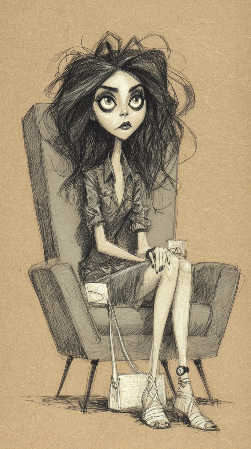 Ilustração em tinta de jovem mulher em poltrona cinza