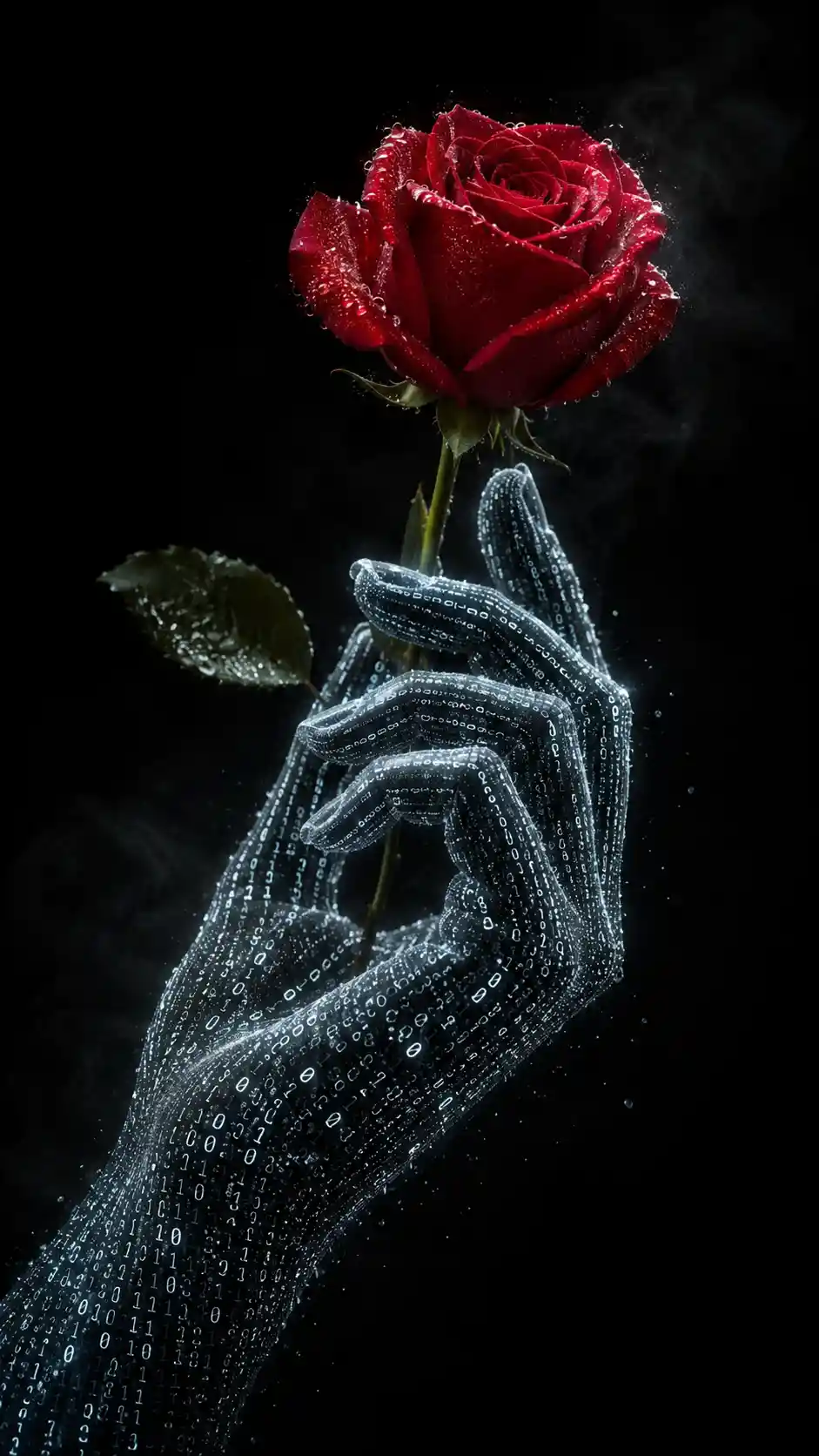 Mão humana digital segurando uma rosa carmesim orvalhada