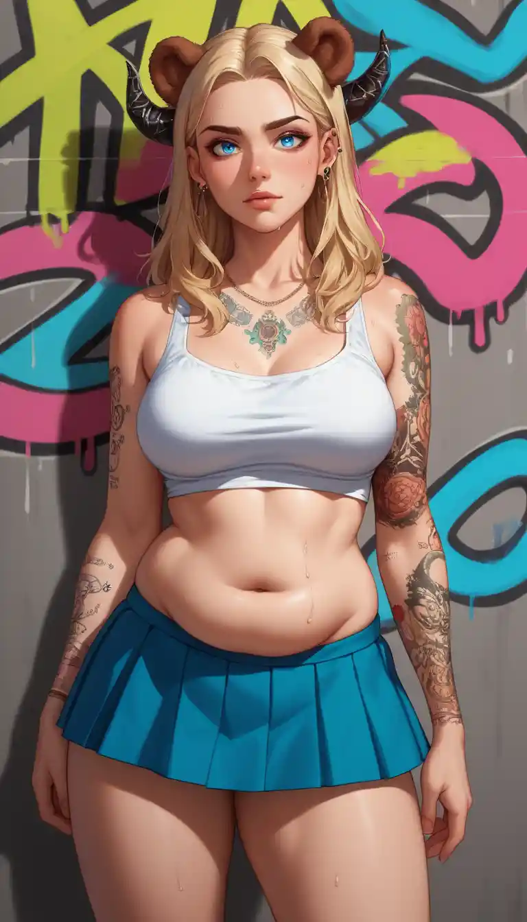 Sensual mulher anime com chifres e olhos azuis em luz quente