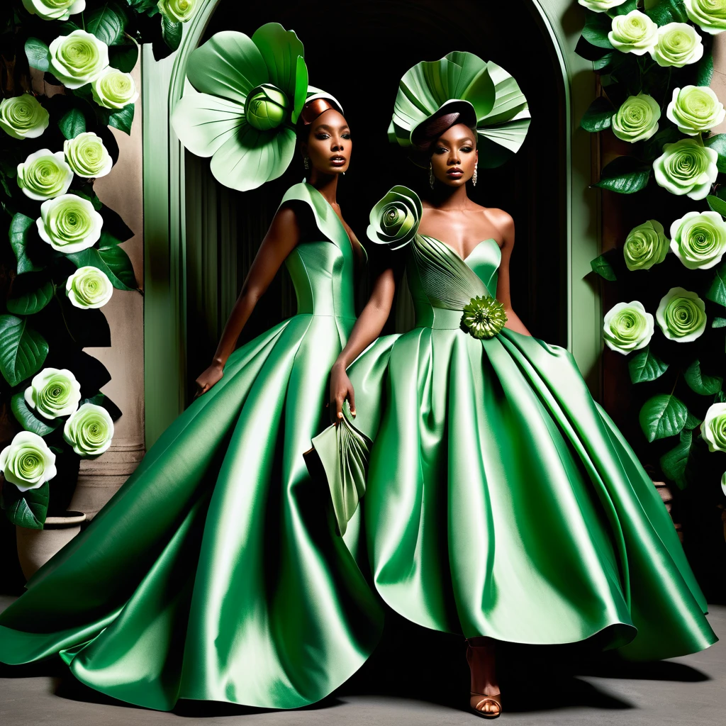 Donne afroamericane in abiti di alta moda floreali scultorei