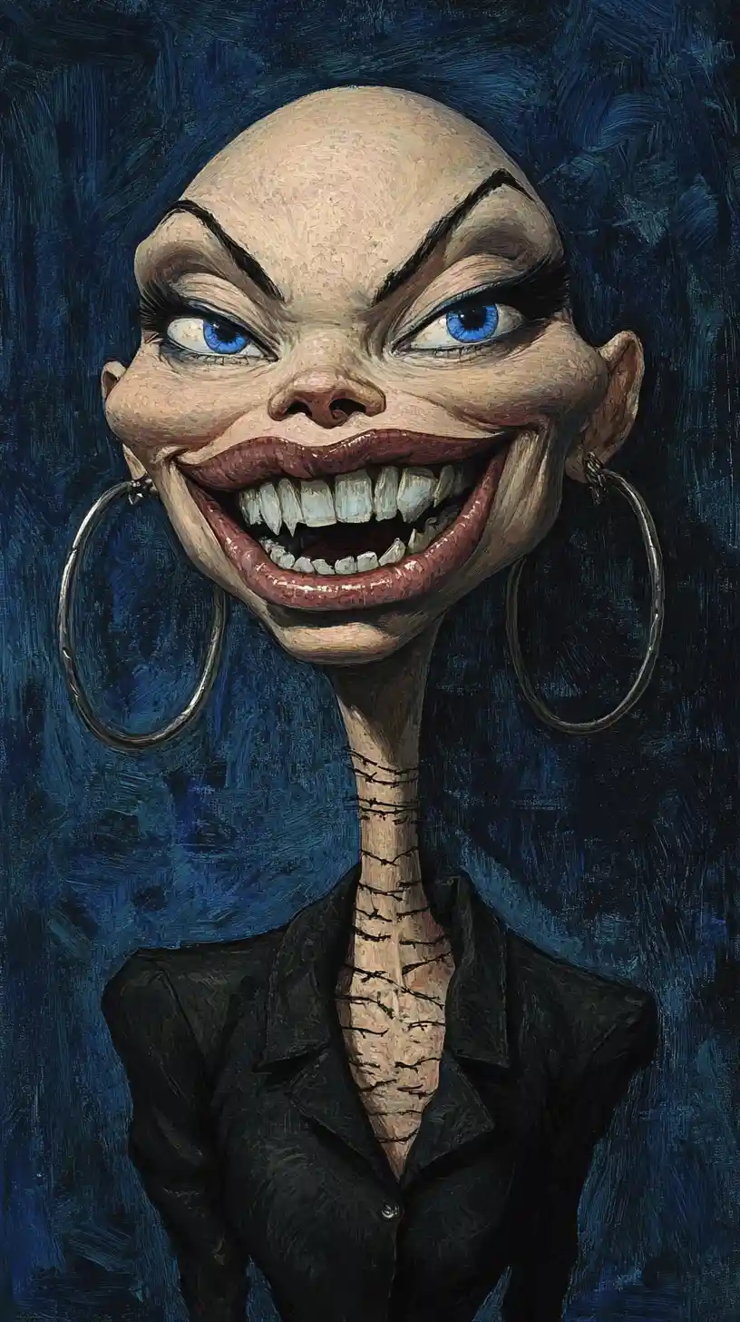 Ritratto caricaturale dark fantasy di una donna calva dal collo lungo