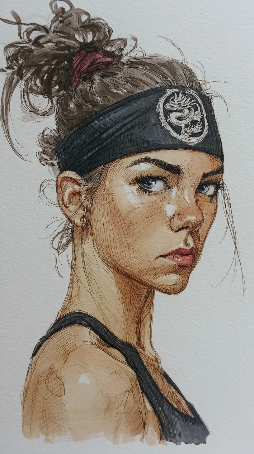 Retrato intenso de mujer atlética en boceto técnico a la acuarela
