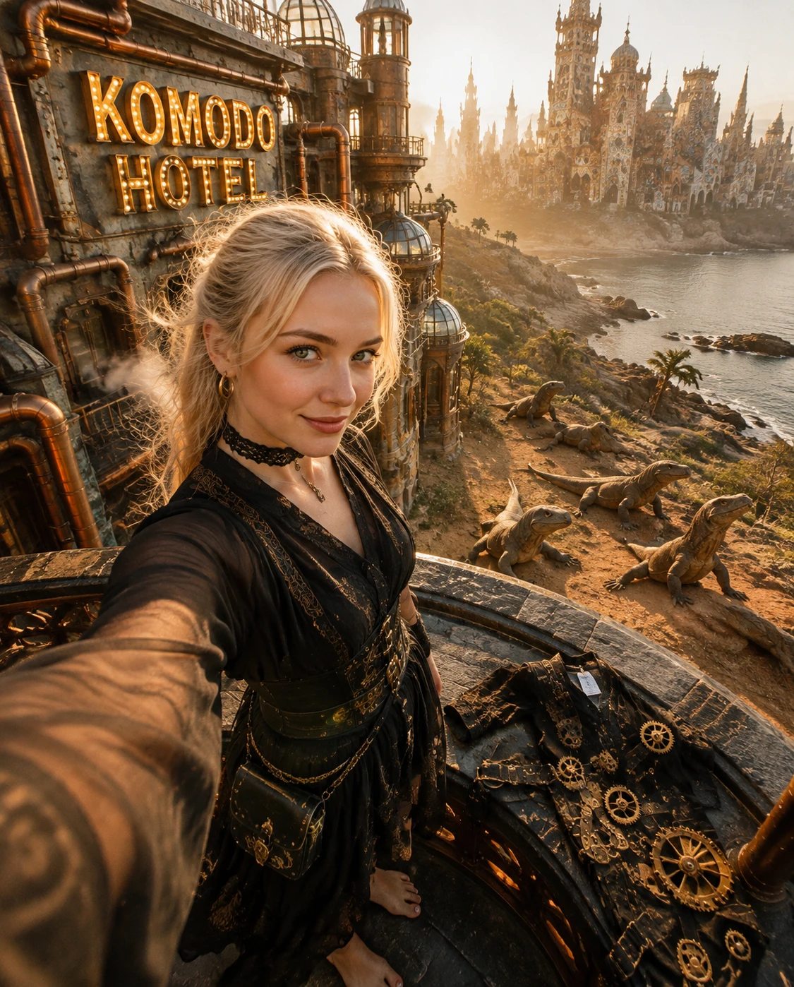 Selfie de princesa ao nascer do sol em uma varanda sobre a costa de Komodo