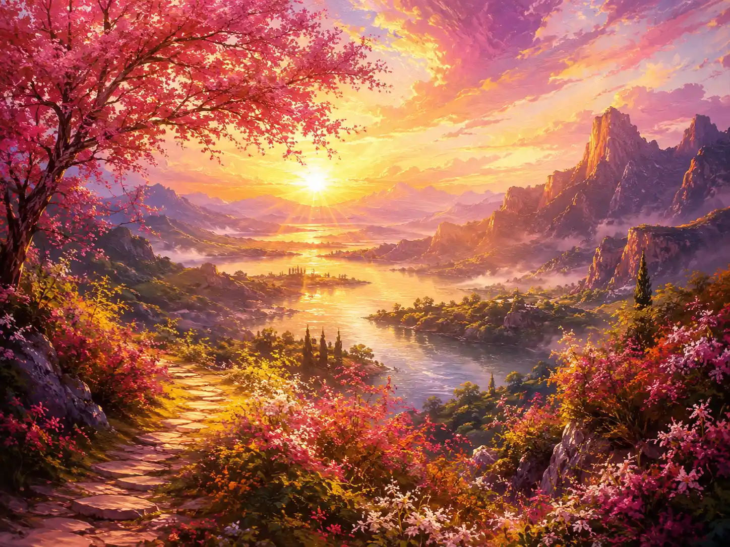 Colorful oil painting with sunshine and soft pink tones
