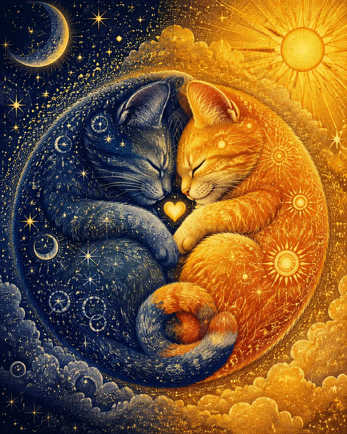 Gatinhos celestiais de lua e sol enroscados em um círculo luminoso