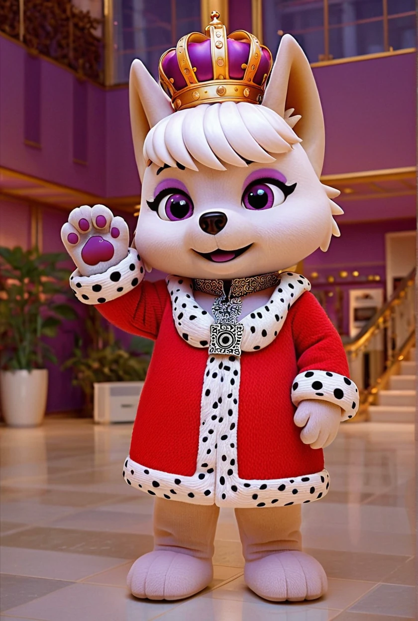 Mascotte regina cane in piedi in una pulita scena da studio