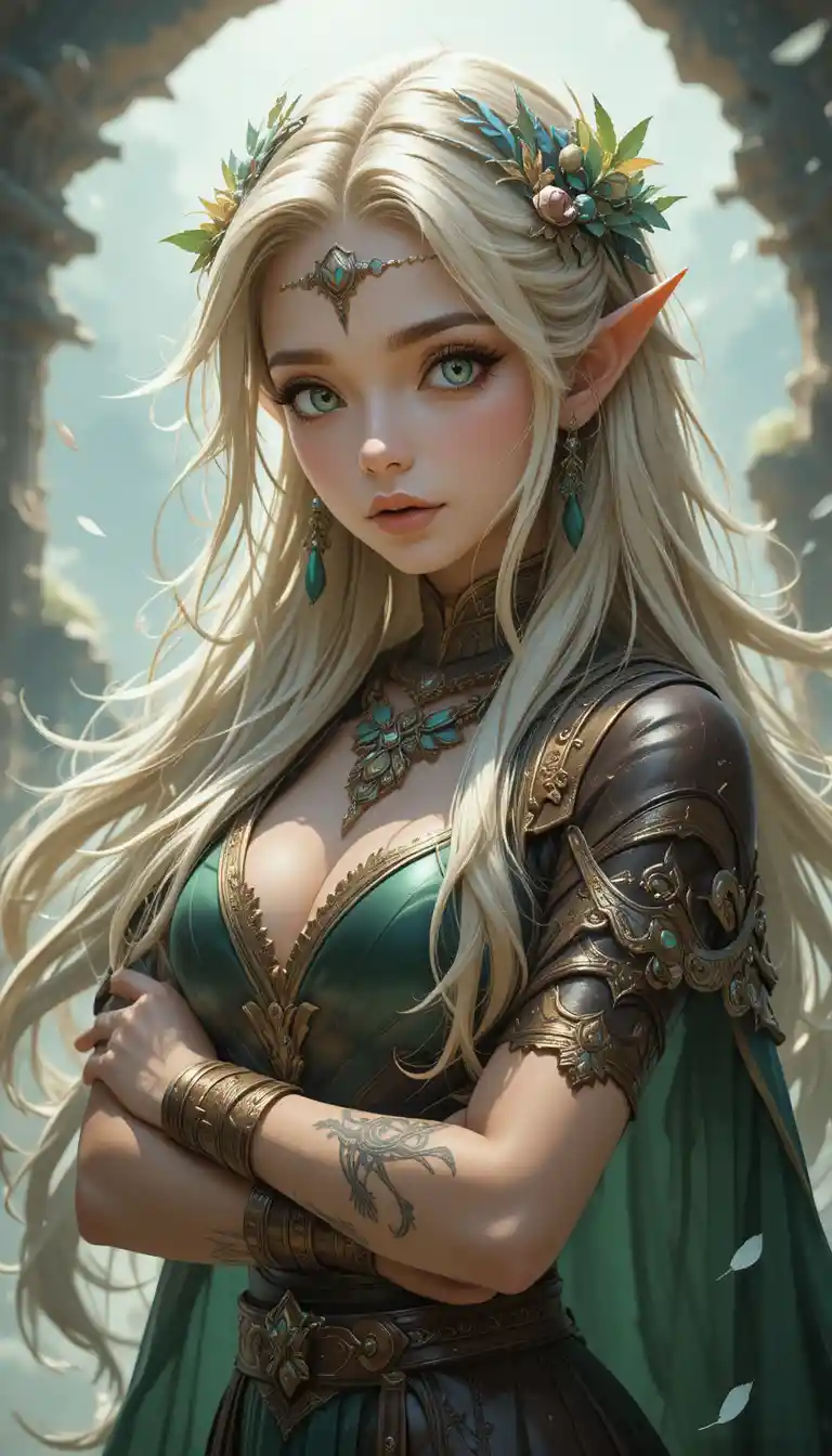Elegante gehörnte Fantasy-Frau im Anime-Waldoutfit