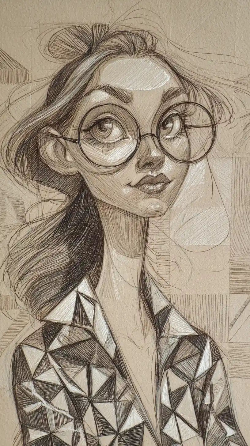 Retrato estilizado en grafito de una chica con grandes gafas redondas