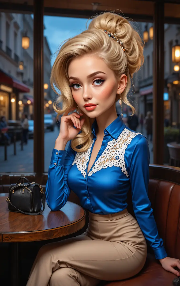 Jeune femme blonde en chemise en satin bleu à une table de restaurant