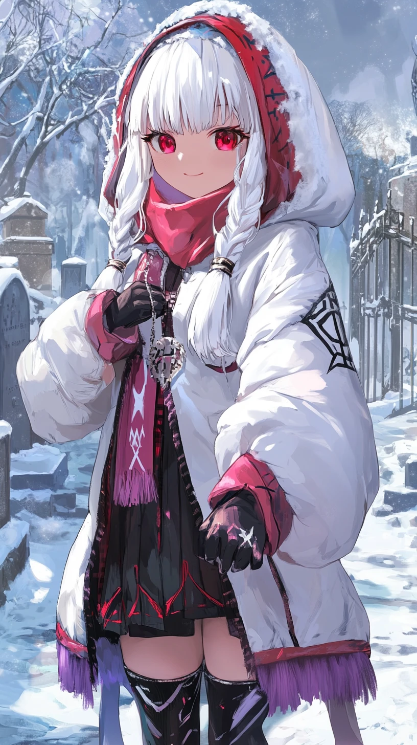 Chica de anime con abrigo de invierno blanco caminando por un pueblo nevado