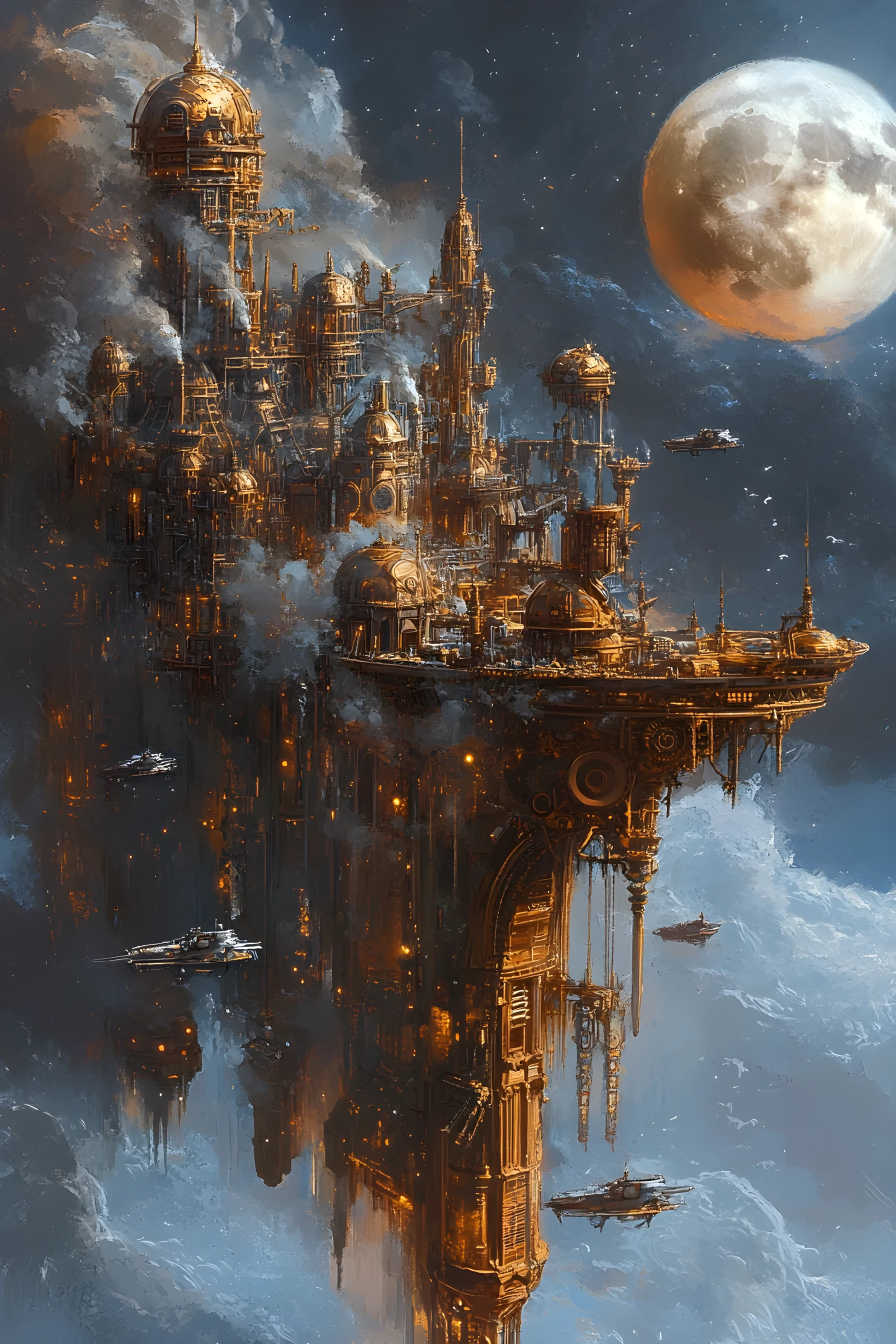 Ciudad steampunk sobre el lomo de un dragón colosal dormido