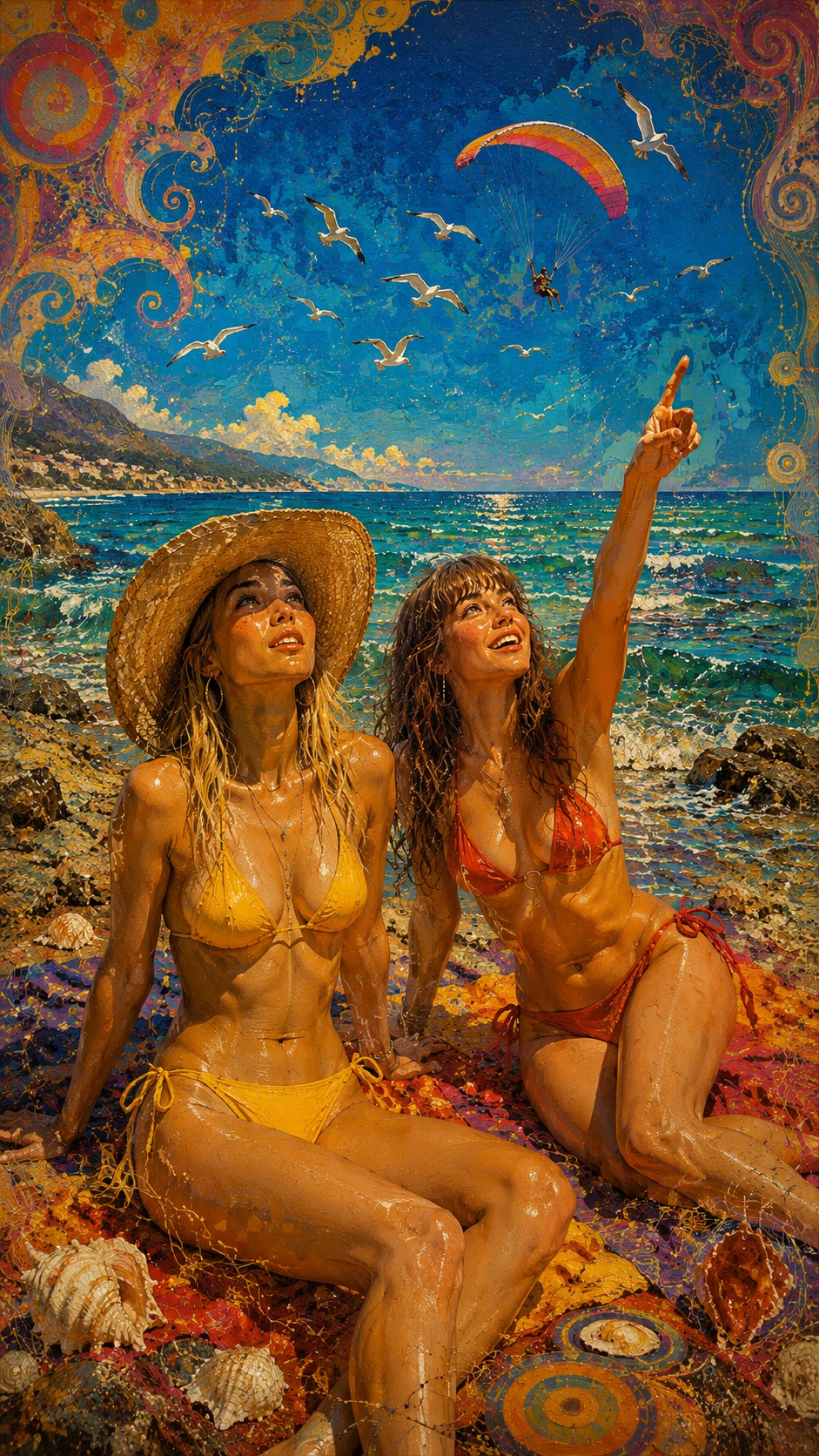 Two women relaxing on a sunlit mediterranean beach
