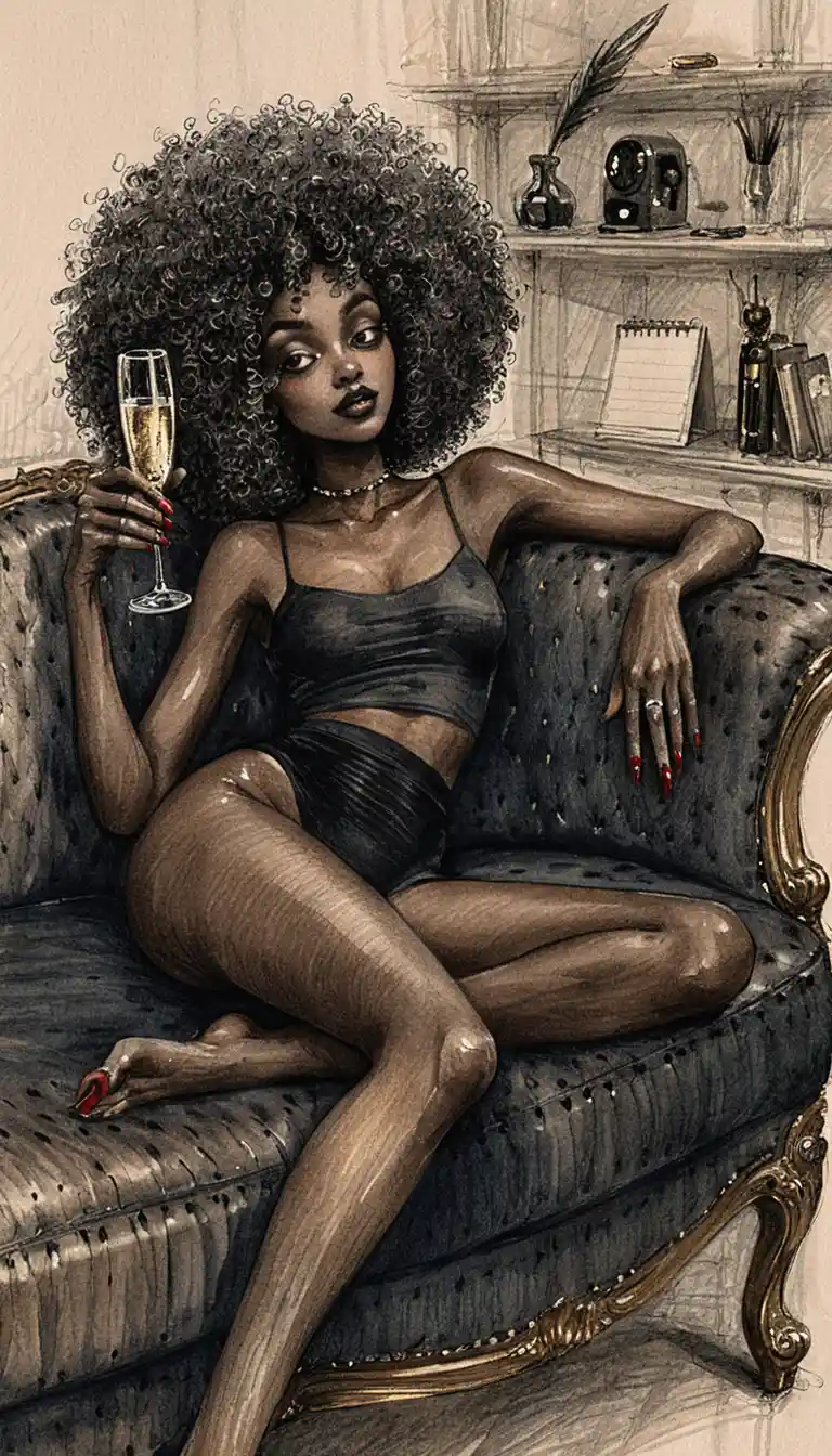 Ilustración de mujer negra relajada reclinada en un sofá oscuro