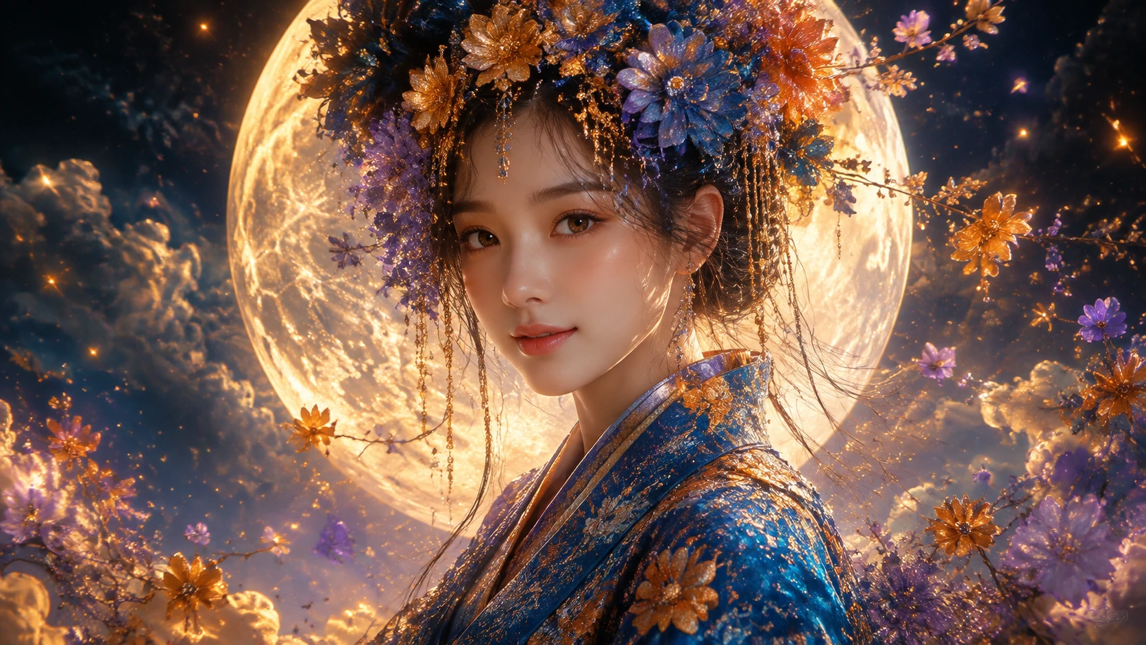 Ethereal Japanese woman before a glowing full moon