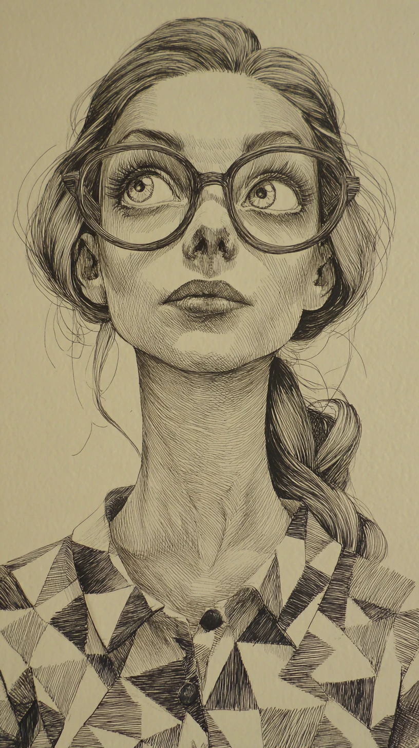 Retrato estilizado em grafite de uma jovem com óculos grandes