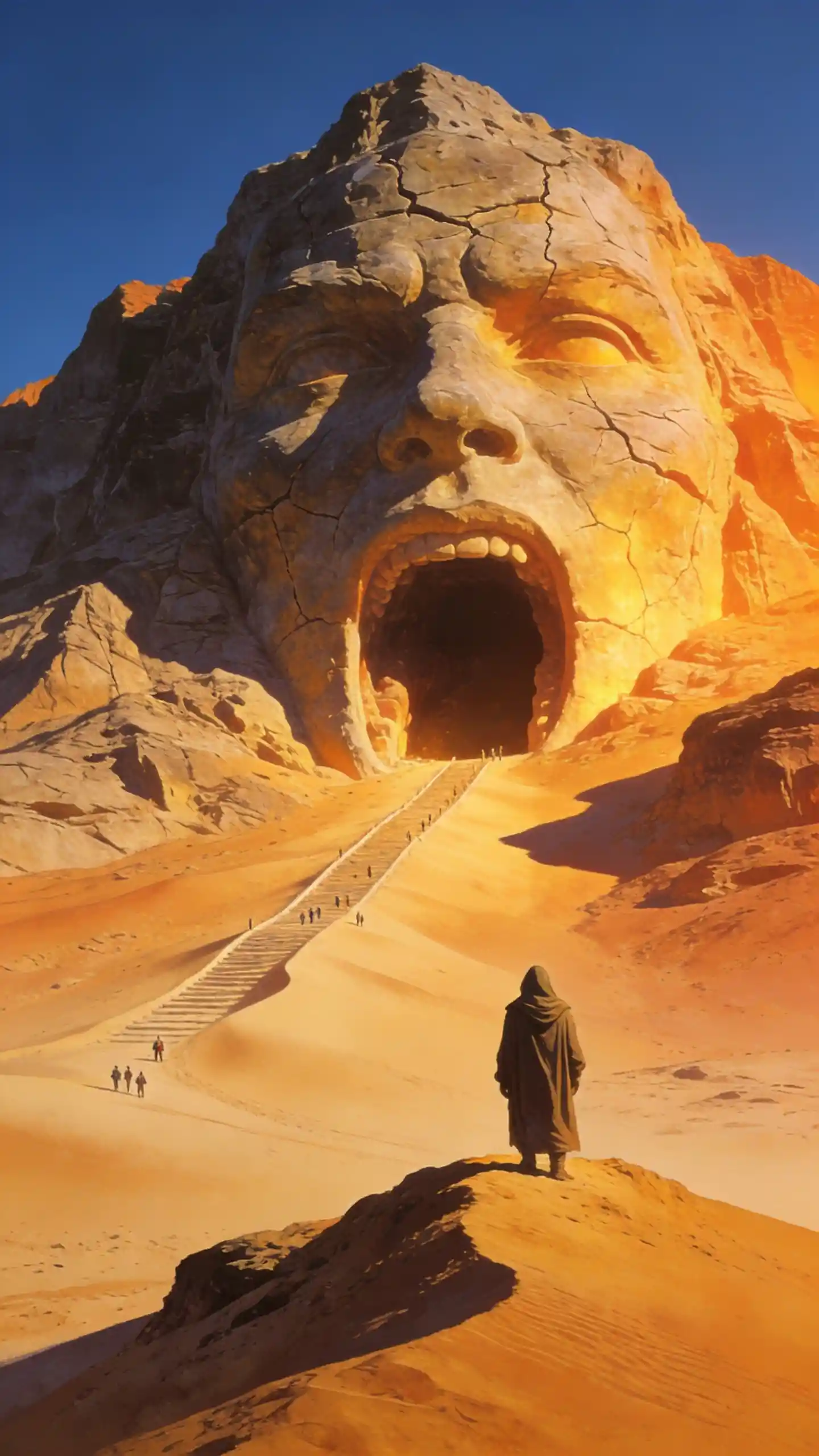 Entrada colossal em forma de rosto de pedra dominando um deserto surreal
