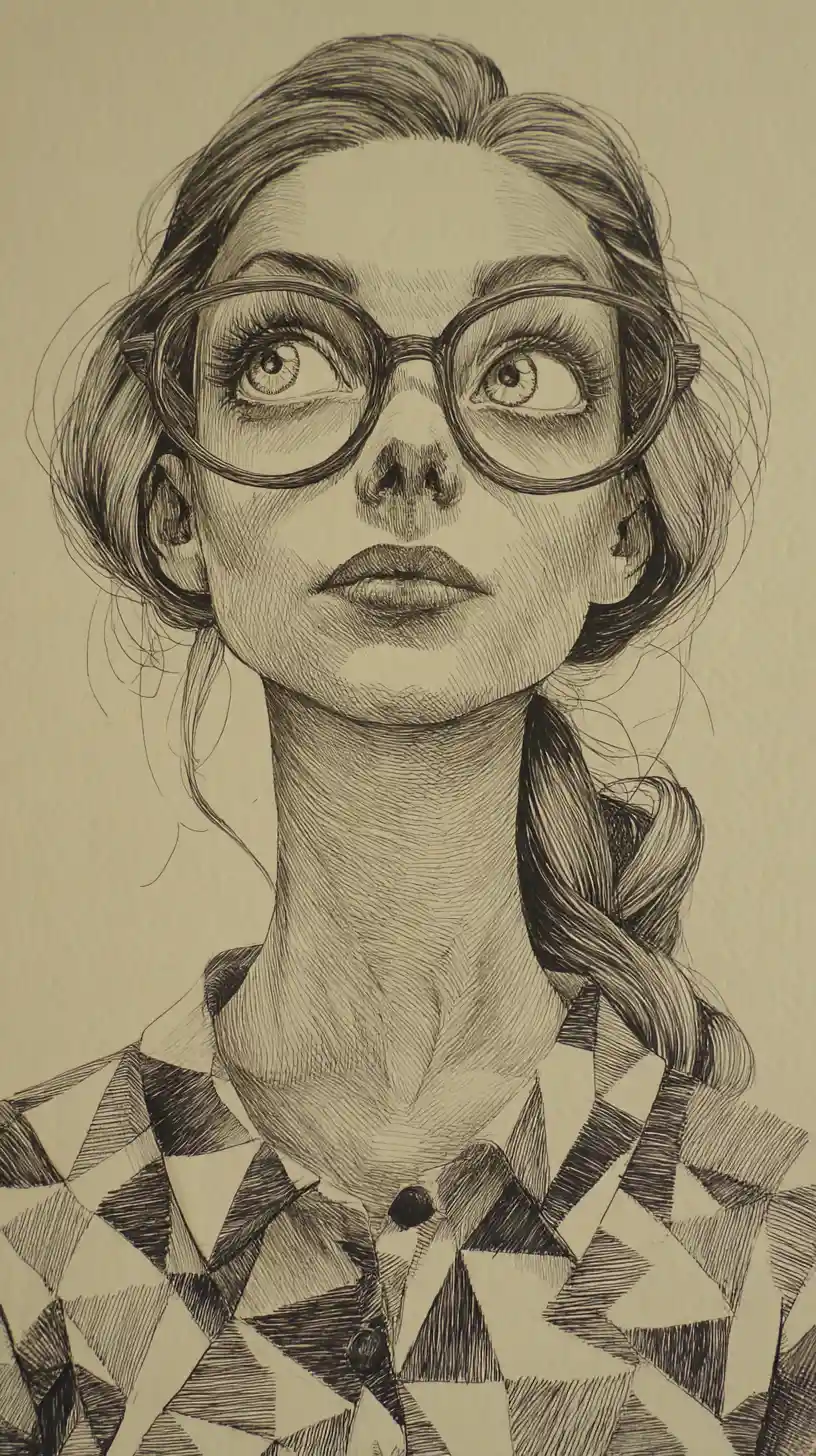 Retrato estilizado em grafite de uma jovem com óculos grandes