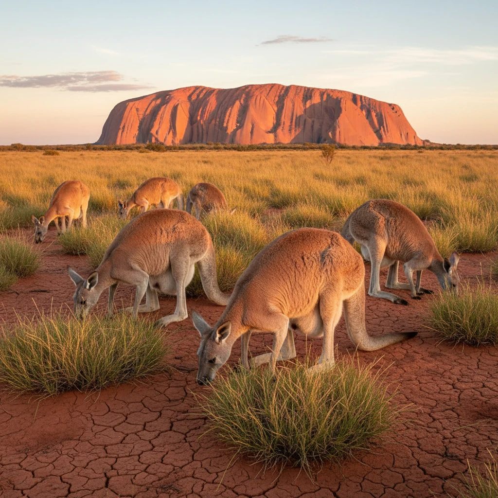 Kangaroos Grazing In Sunlit Australian Outback Near Uluru