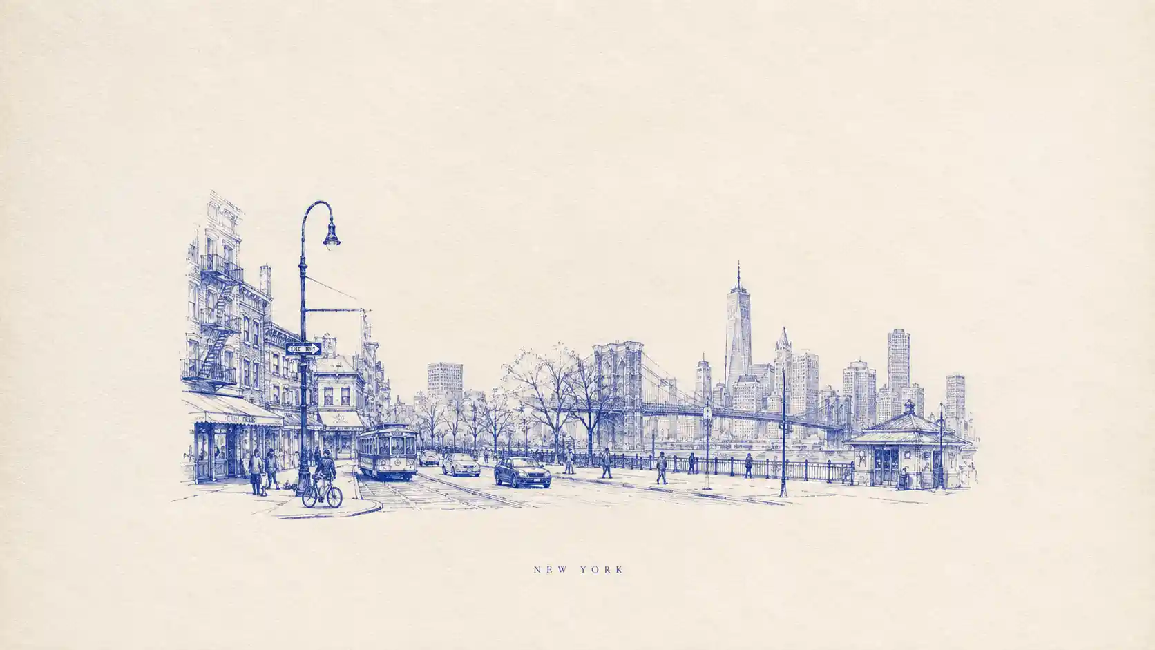 Desenho minimalista em azul cobalto do horizonte arquitetônico de Nova York