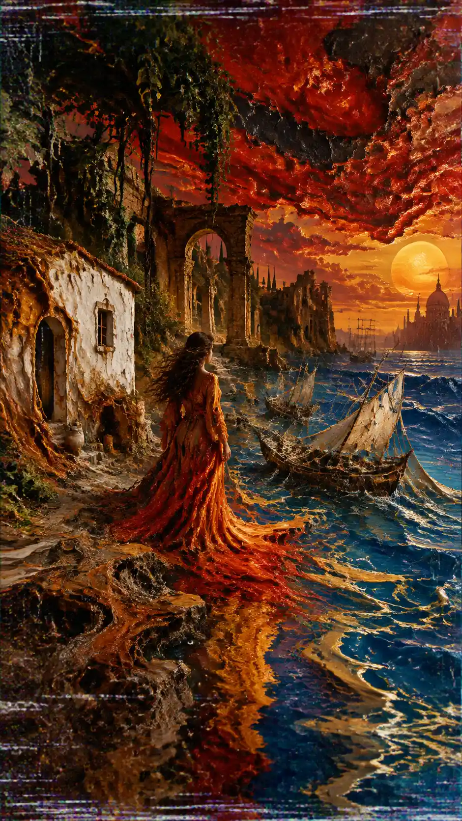 Woman at the edge of a surreal melting harbor