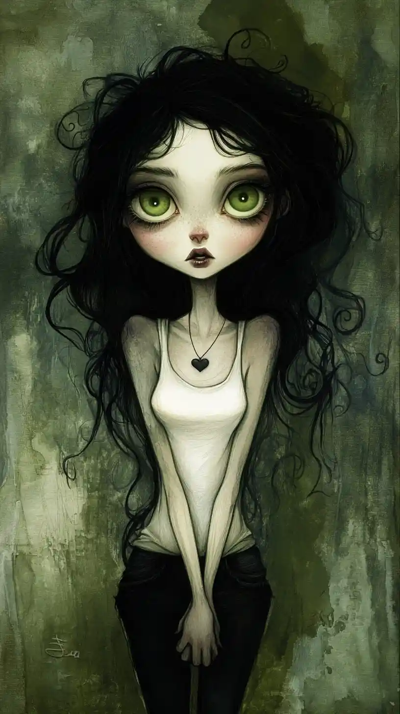 Gothic full body portrait of a pale wide eyed woman
