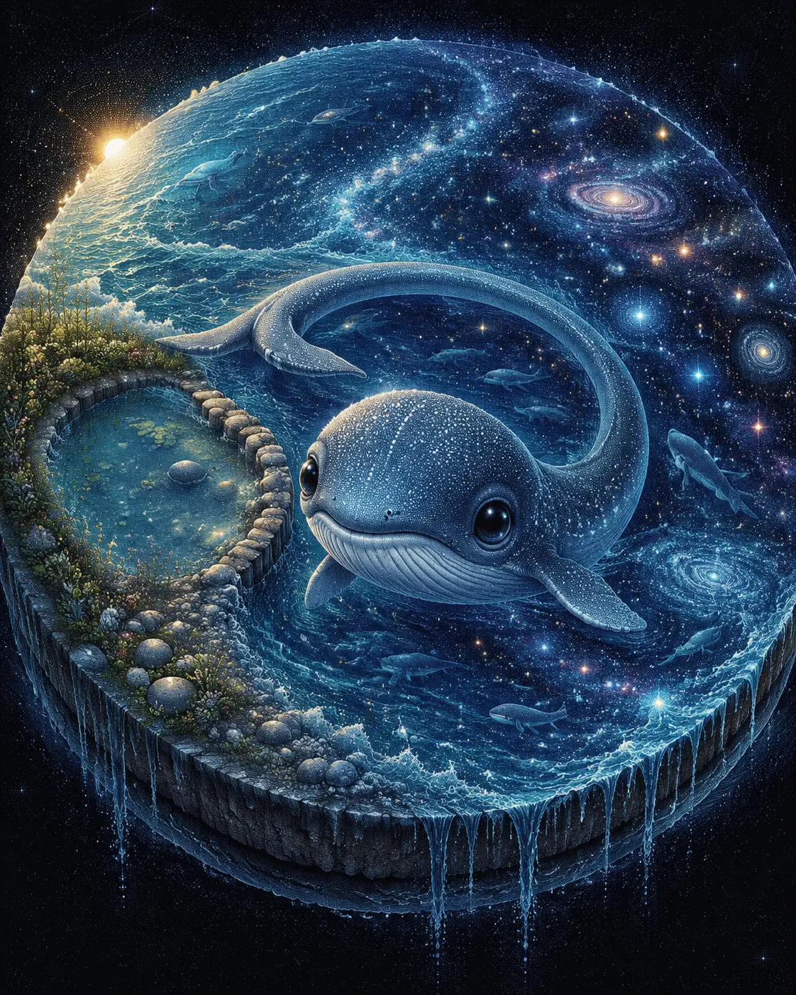 Baleia bebê nadando em um mundo oceânico circular surreal