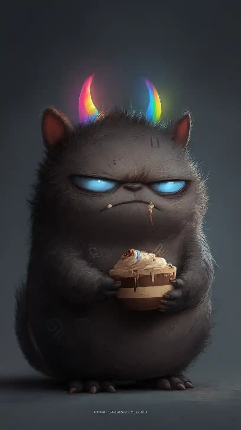 Chubby horned fantasy creature guarding a tiramisu bowl