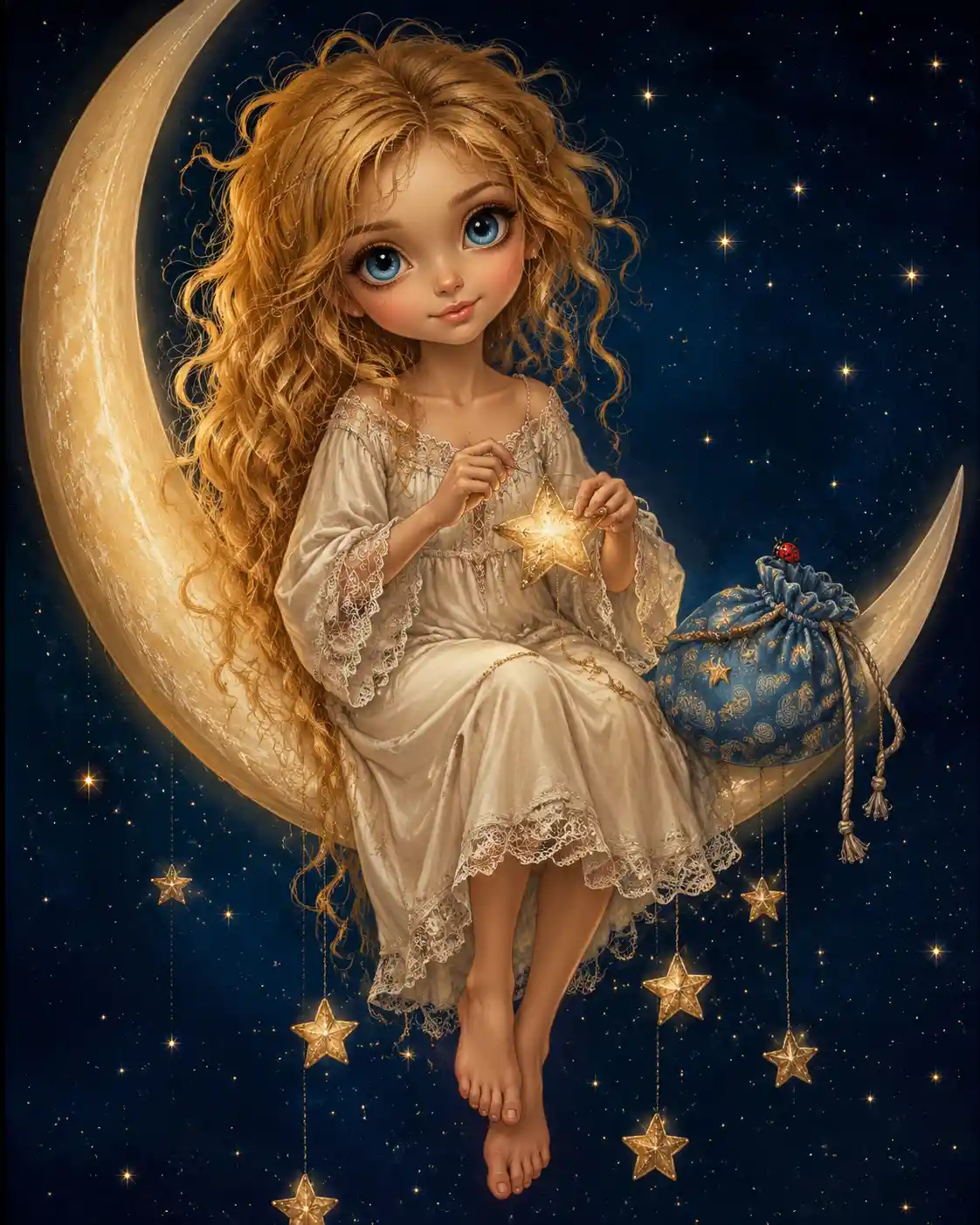 Niña cosiendo una estrella en una luna creciente brillante