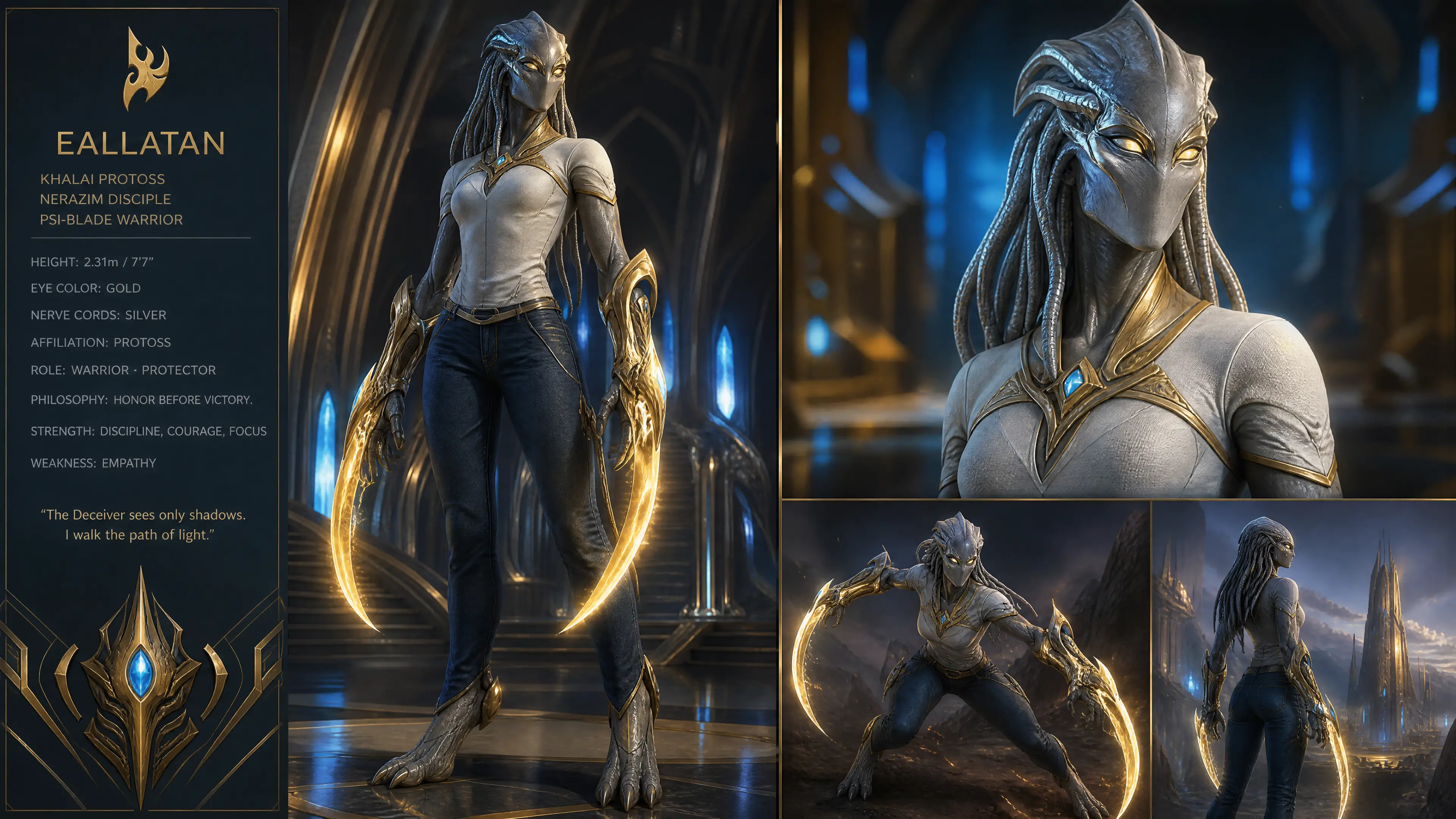 Grande guerrière protoss aux yeux psioniques luminescents